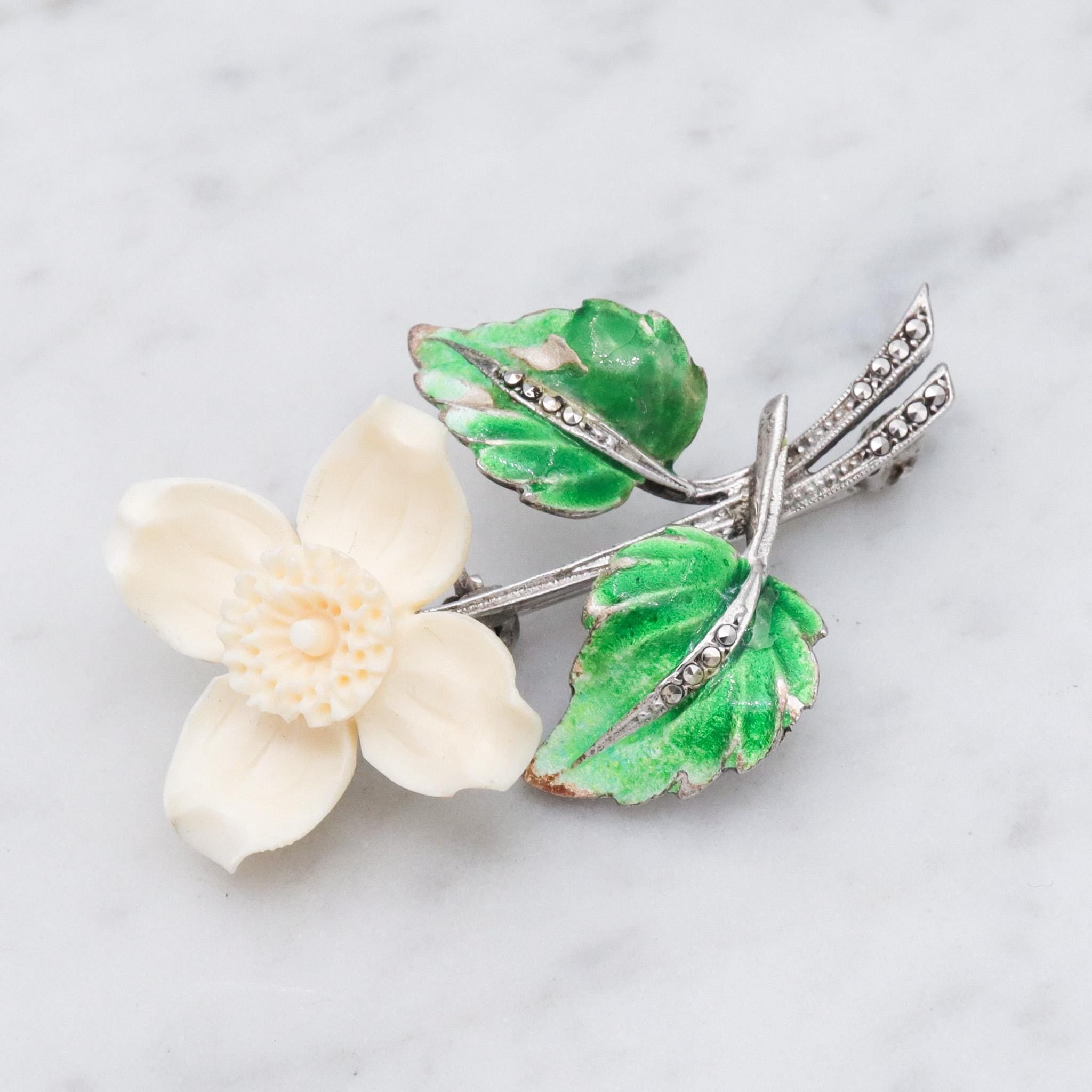 Antique German Art Deco sterling silver dogwood brooch with enamel & marcasite