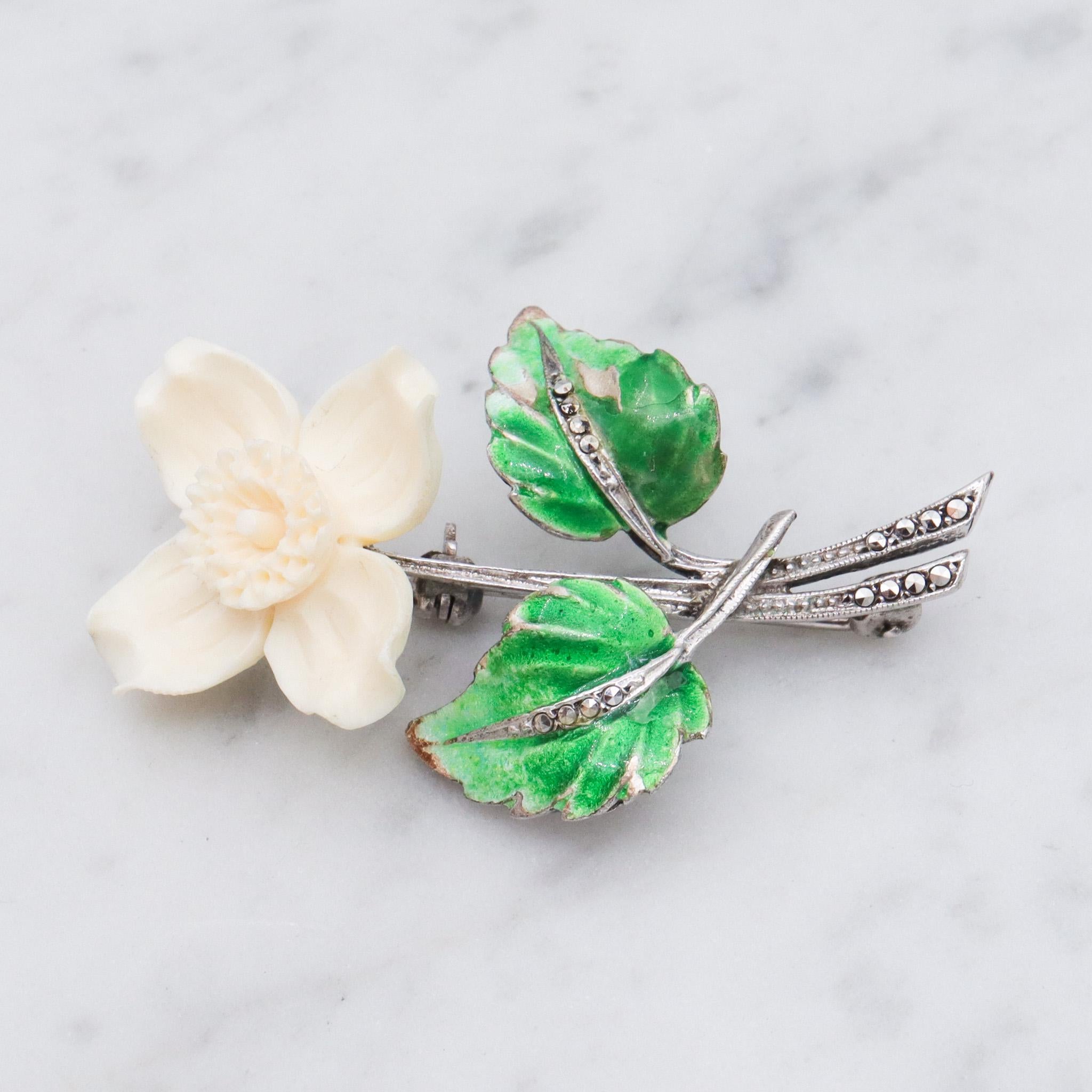 Antique German Art Deco sterling silver dogwood brooch with enamel & marcasite