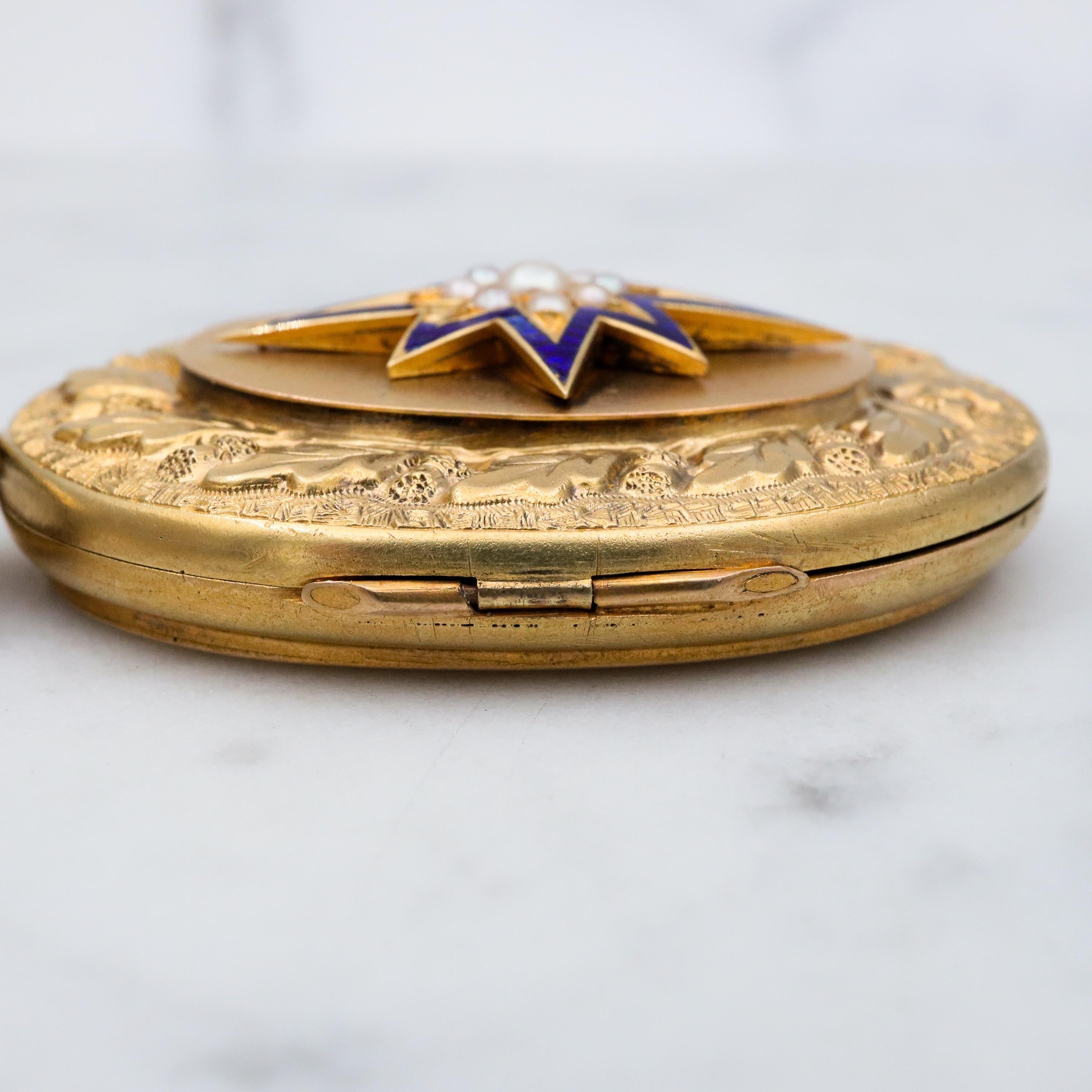 Large Antique Victorian 14k gold locket w/blue enamel star & split pearls