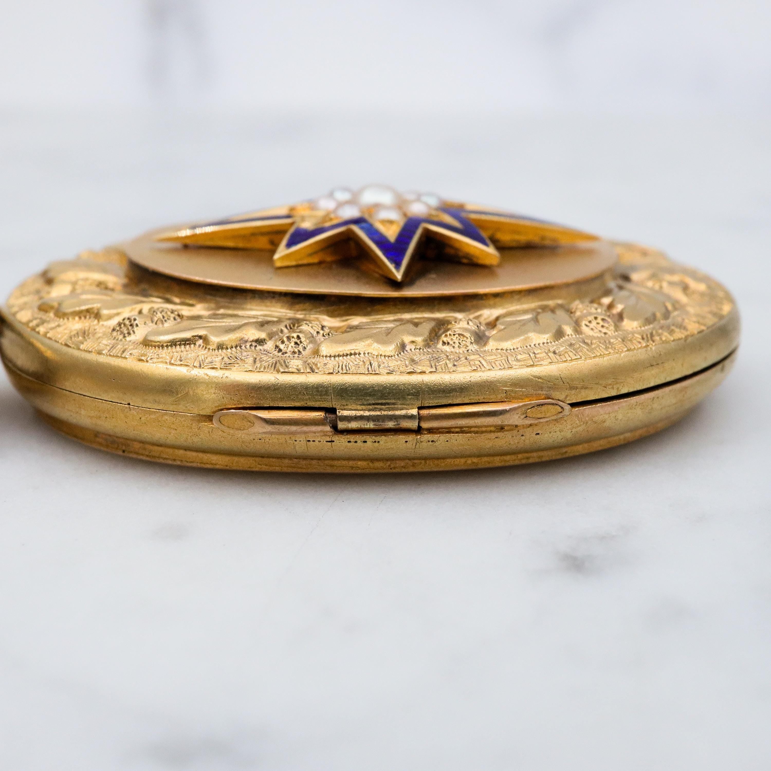 Large Antique Victorian 14k gold locket w/blue enamel star & split pearls