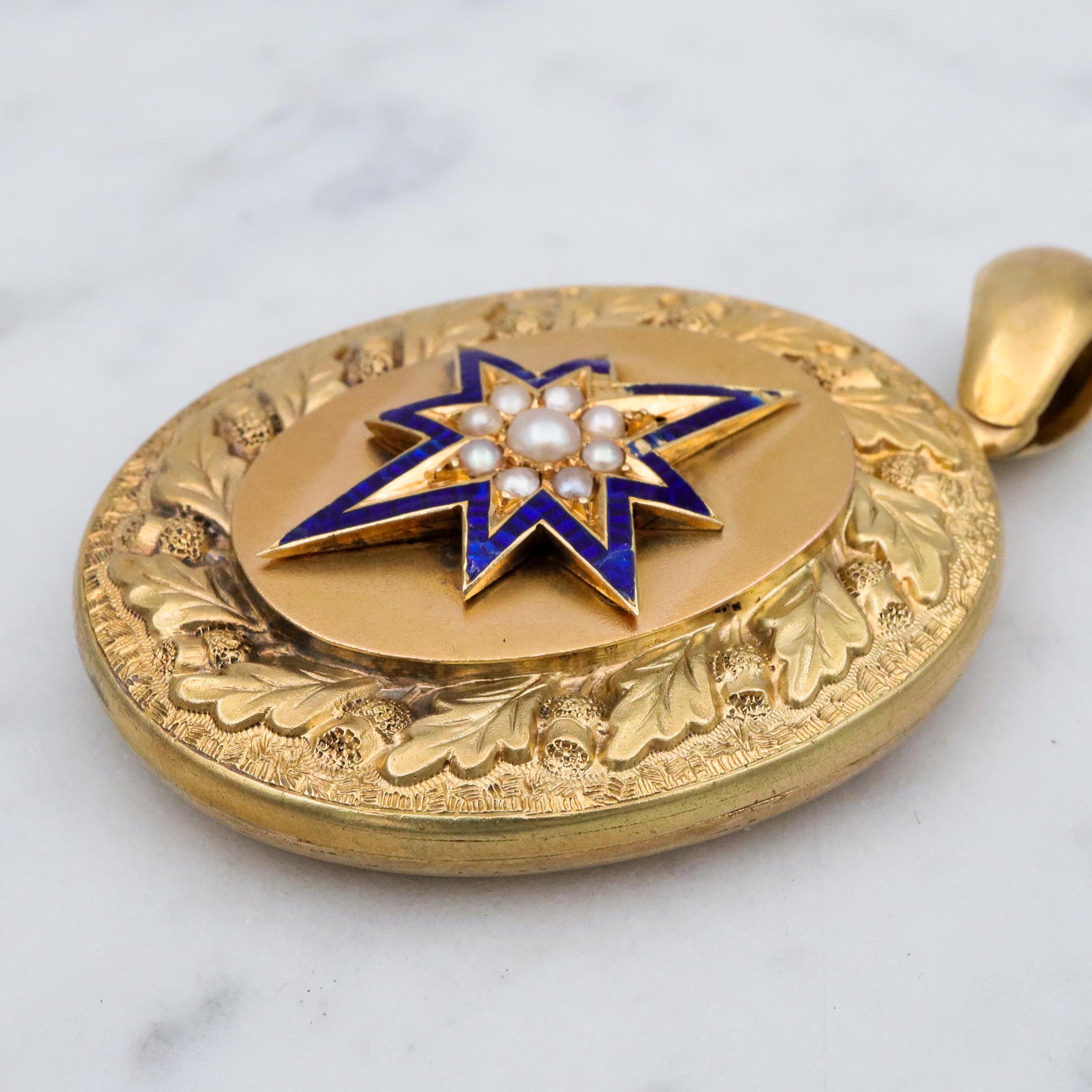 Large Antique Victorian 14k gold locket w/blue enamel star & split pearls