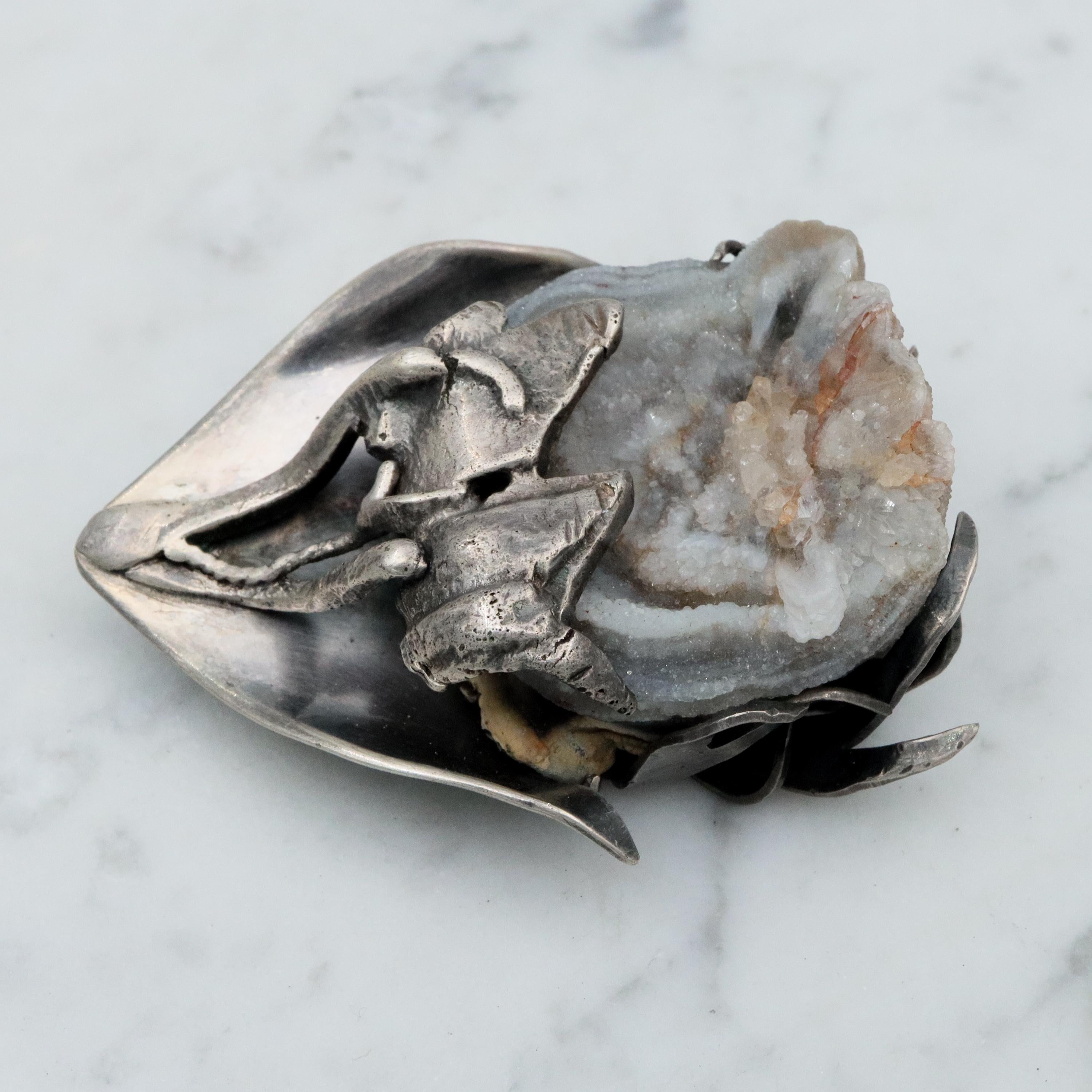 MCM handmade sterling agate druzy flower brooch