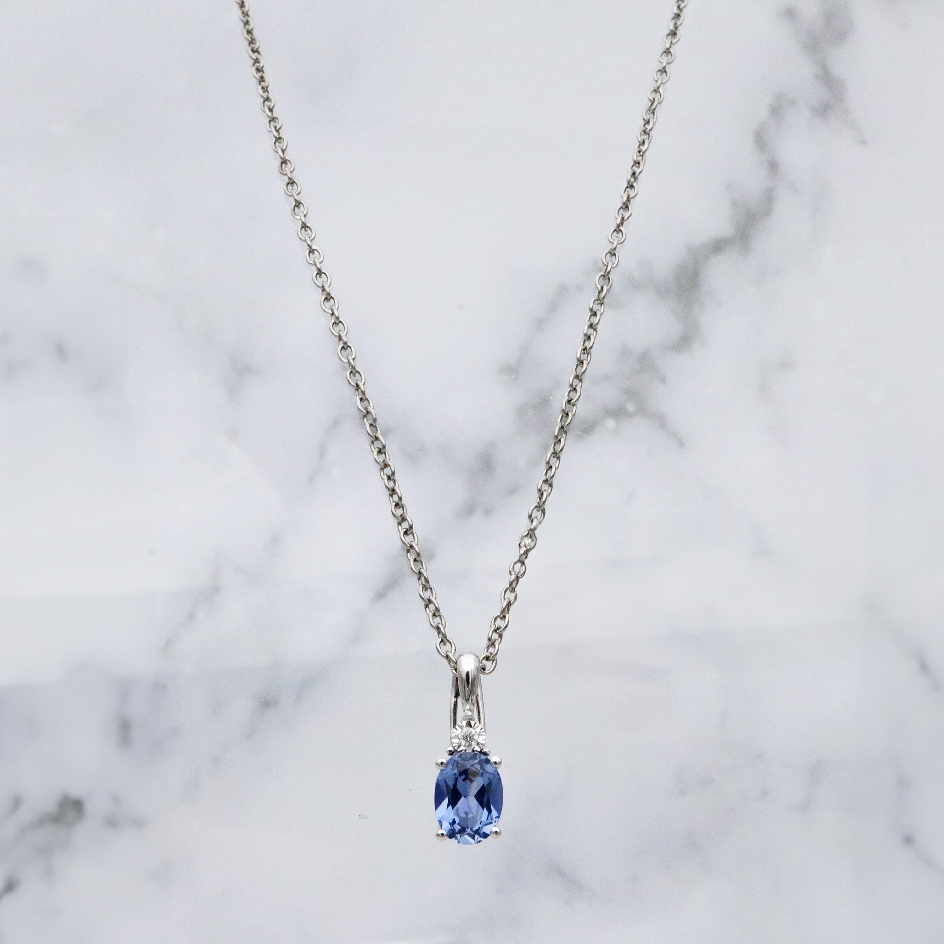 vintage 10k white gold simulated sapphire & genuine diamond drop pendant