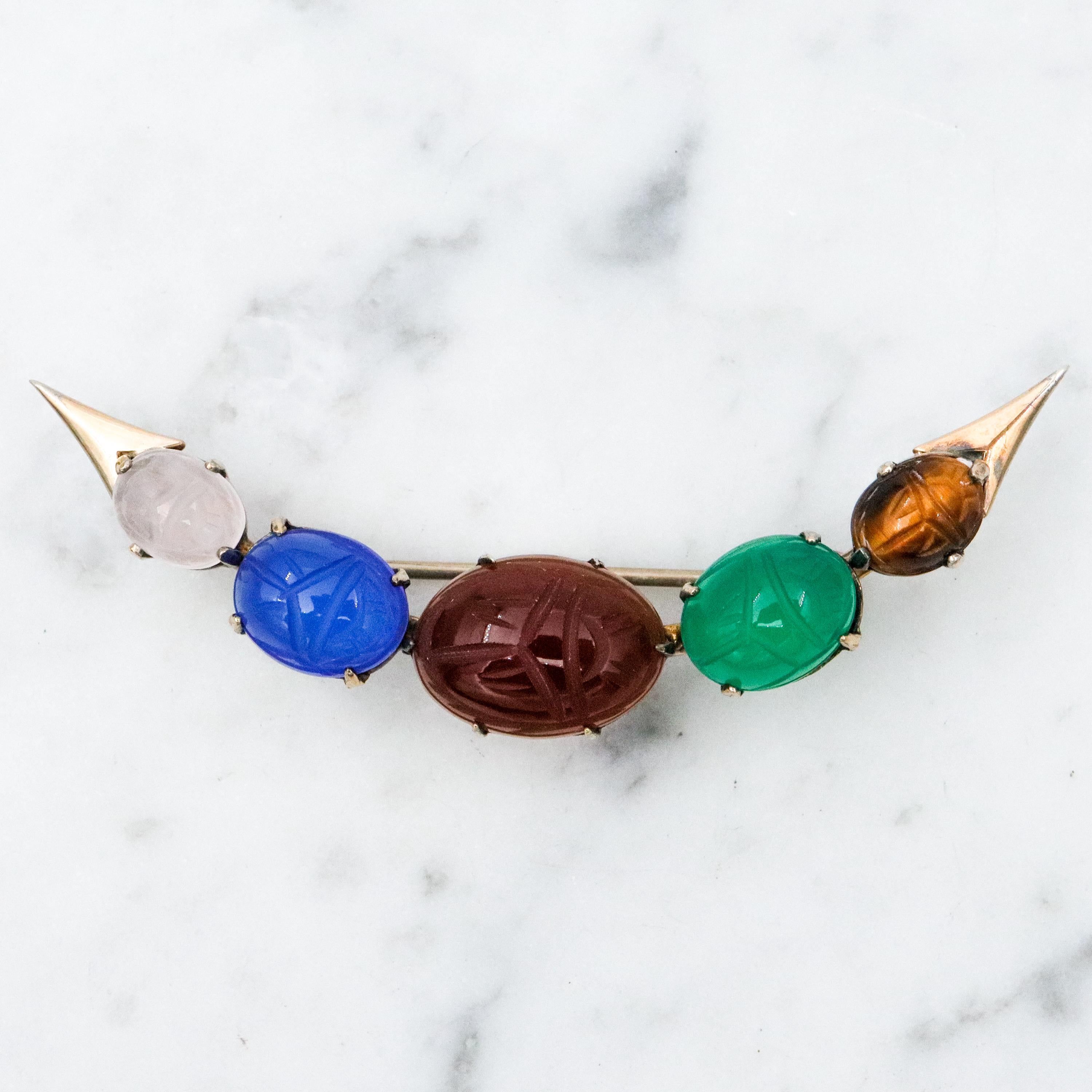Mid Century Symmetalic sterling silver & gold filled carved scarab crescent moon brooch