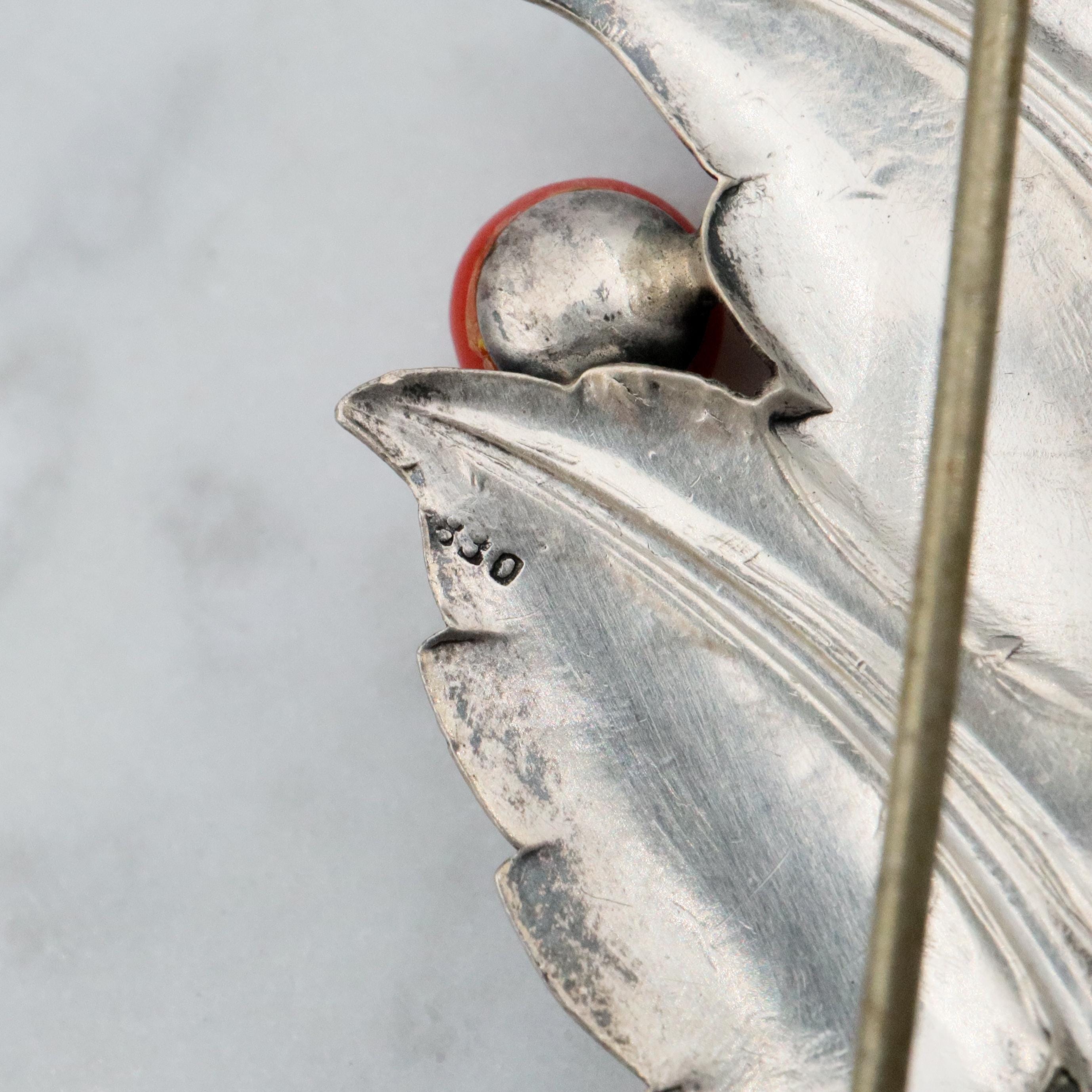 Antique Scandinavian Art Deco sterling coral leaf brooch