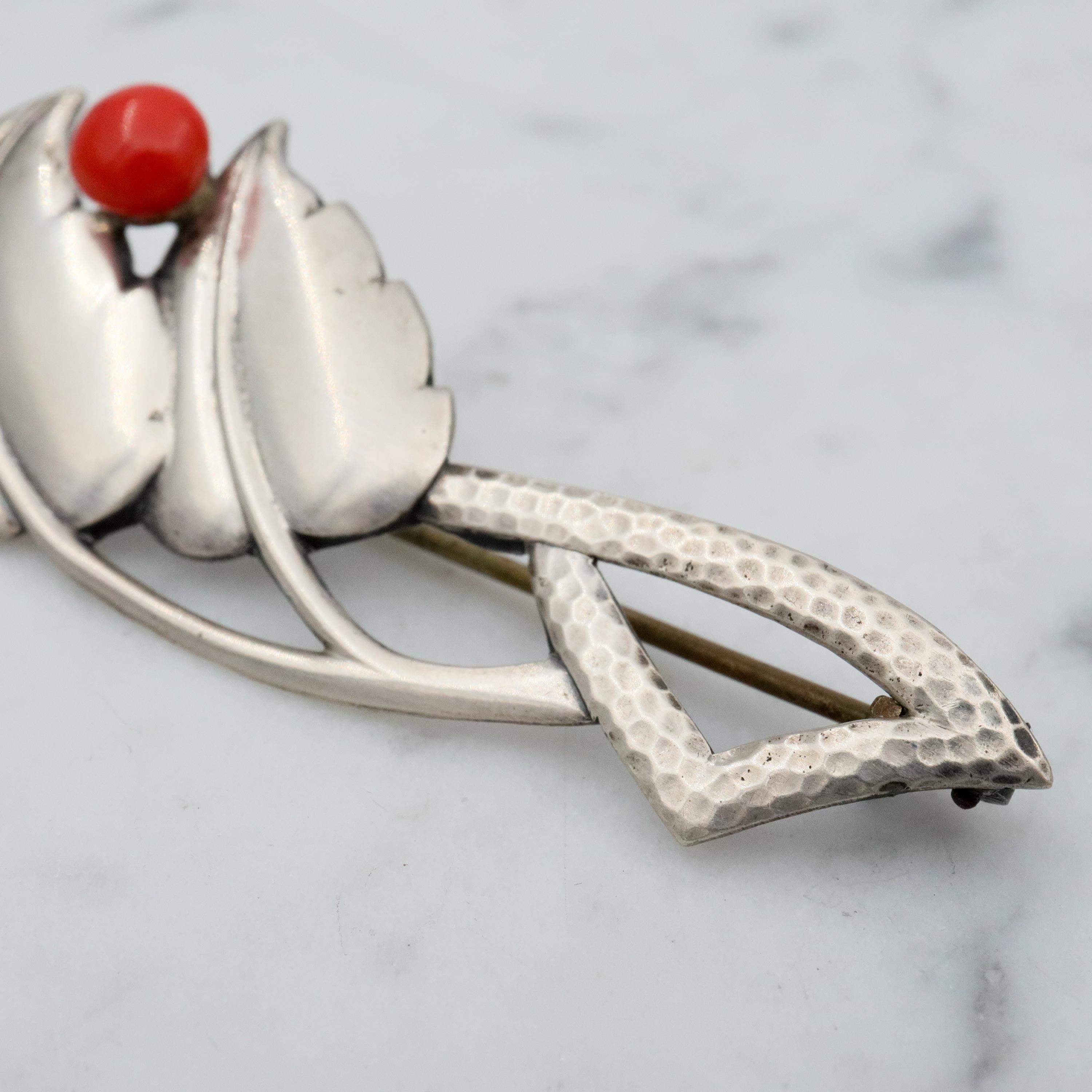 Antique Scandinavian Art Deco sterling coral leaf brooch