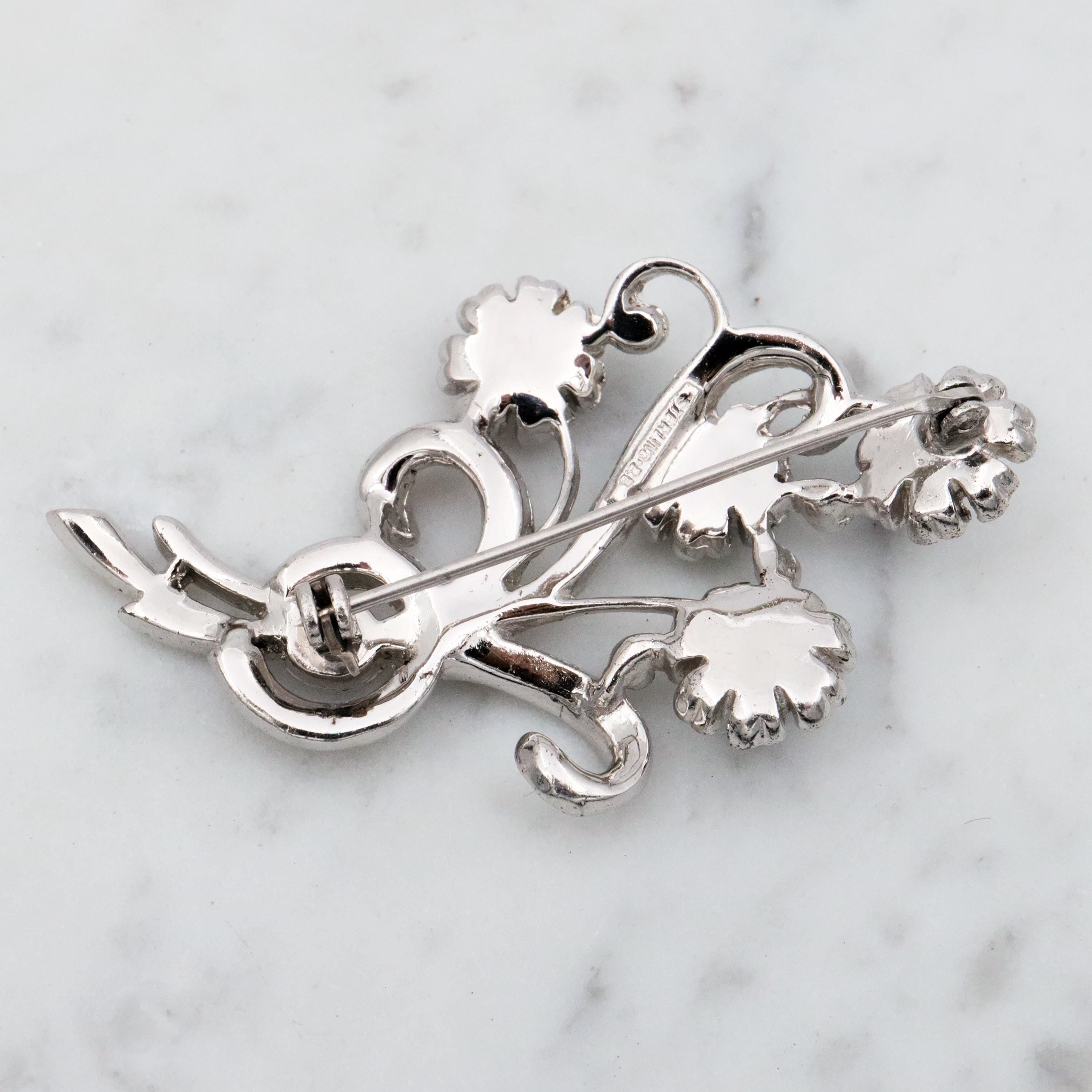 Antique Art Deco sterling marcasite flower brooch w/chrysoprase by Bliss Brothers
