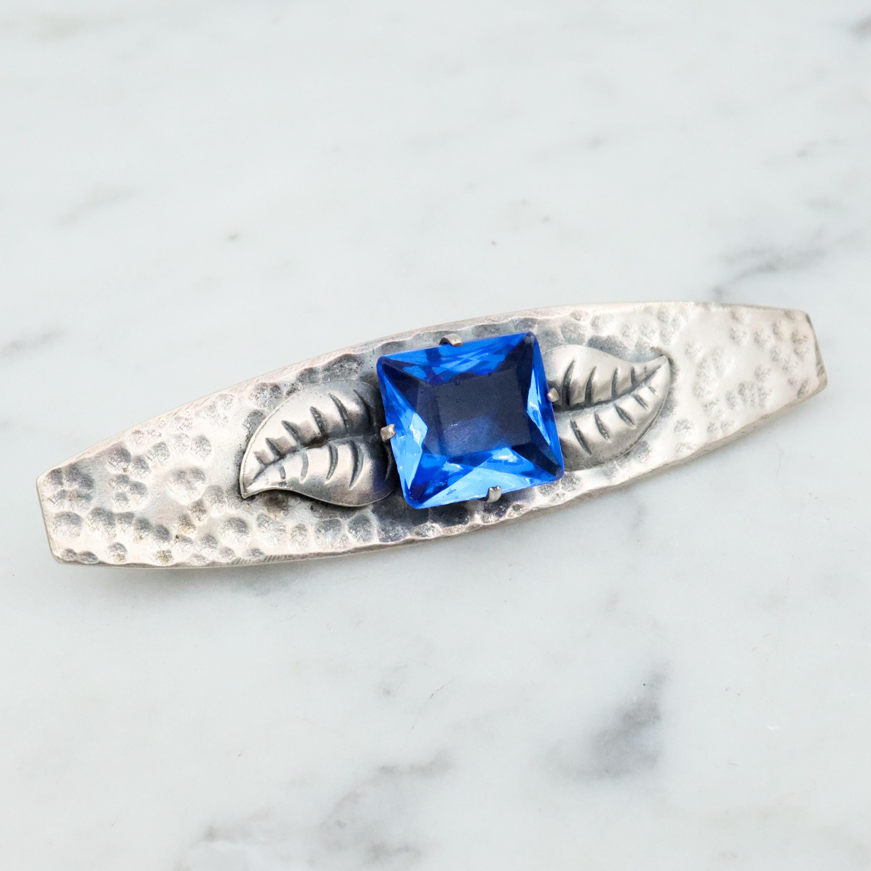 Antique Arts & Crafts hammered sterling bar pin w/blue paste gem