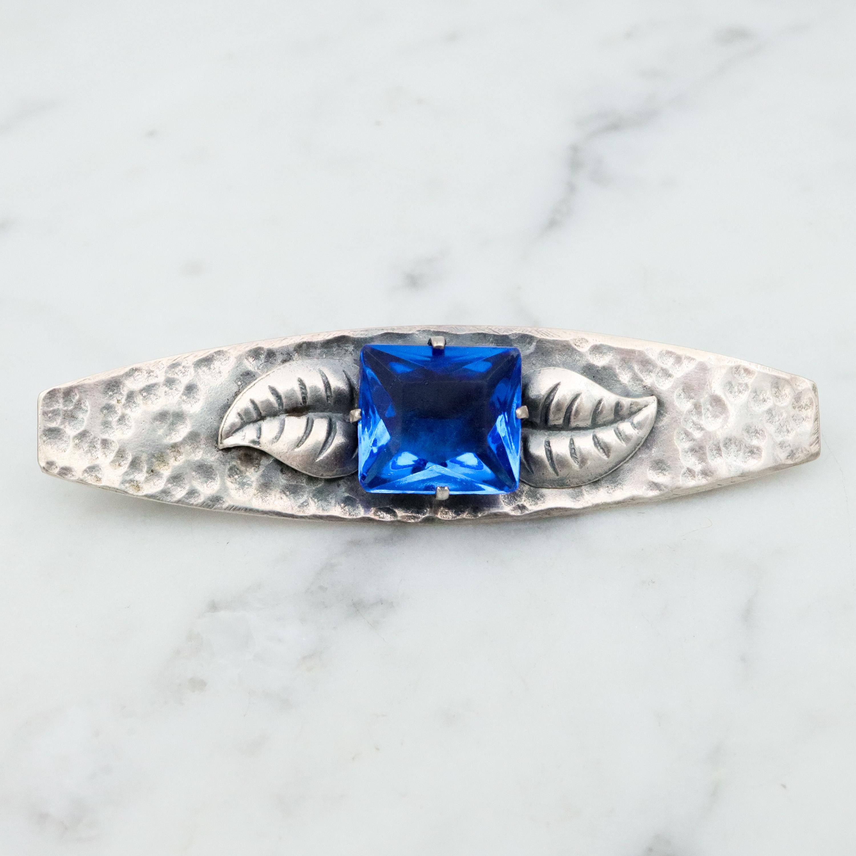Antique Arts & Crafts hammered sterling bar pin w/blue paste gem