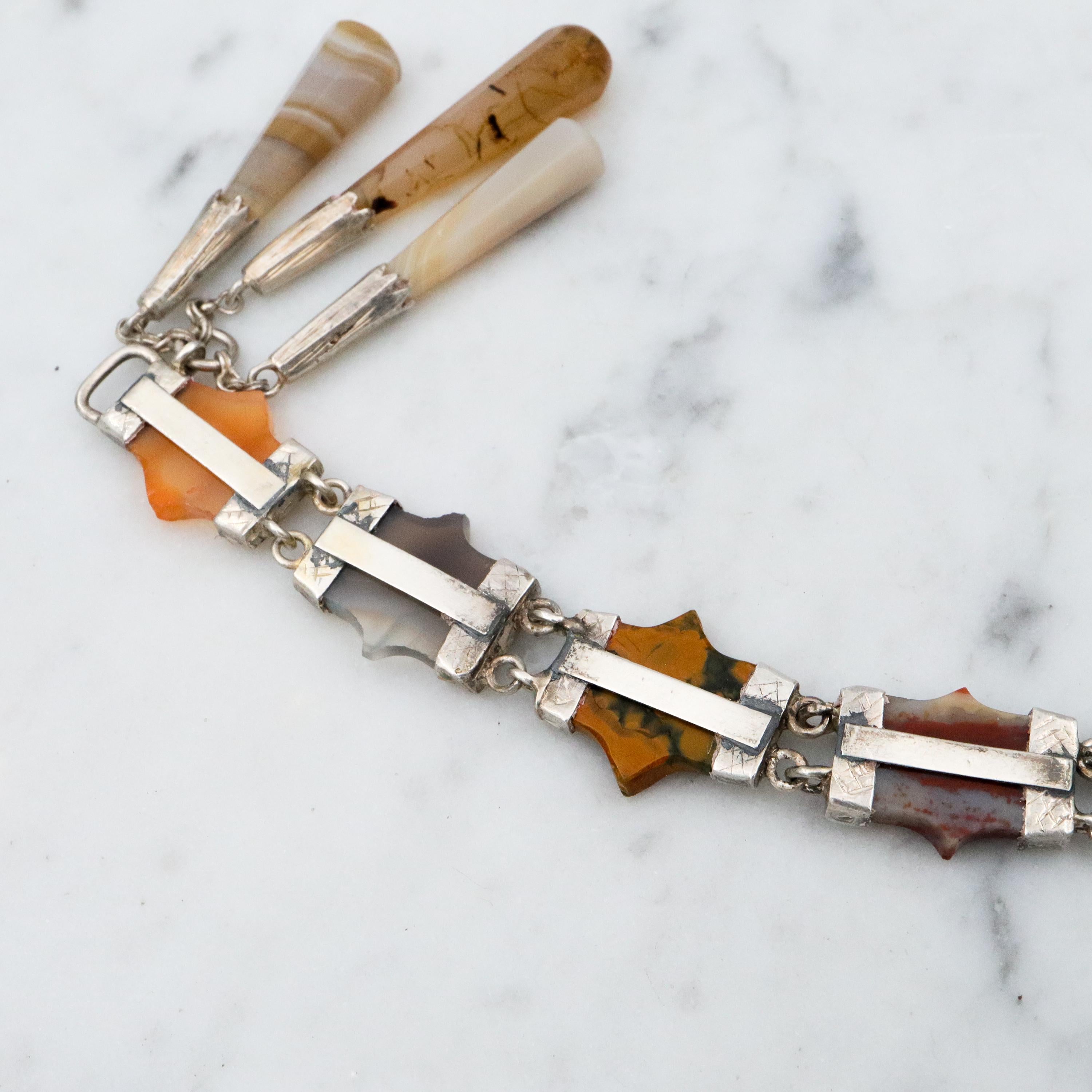 Antique Victorian Scottish Provincial agate link bracelet w/agate torpedo drops