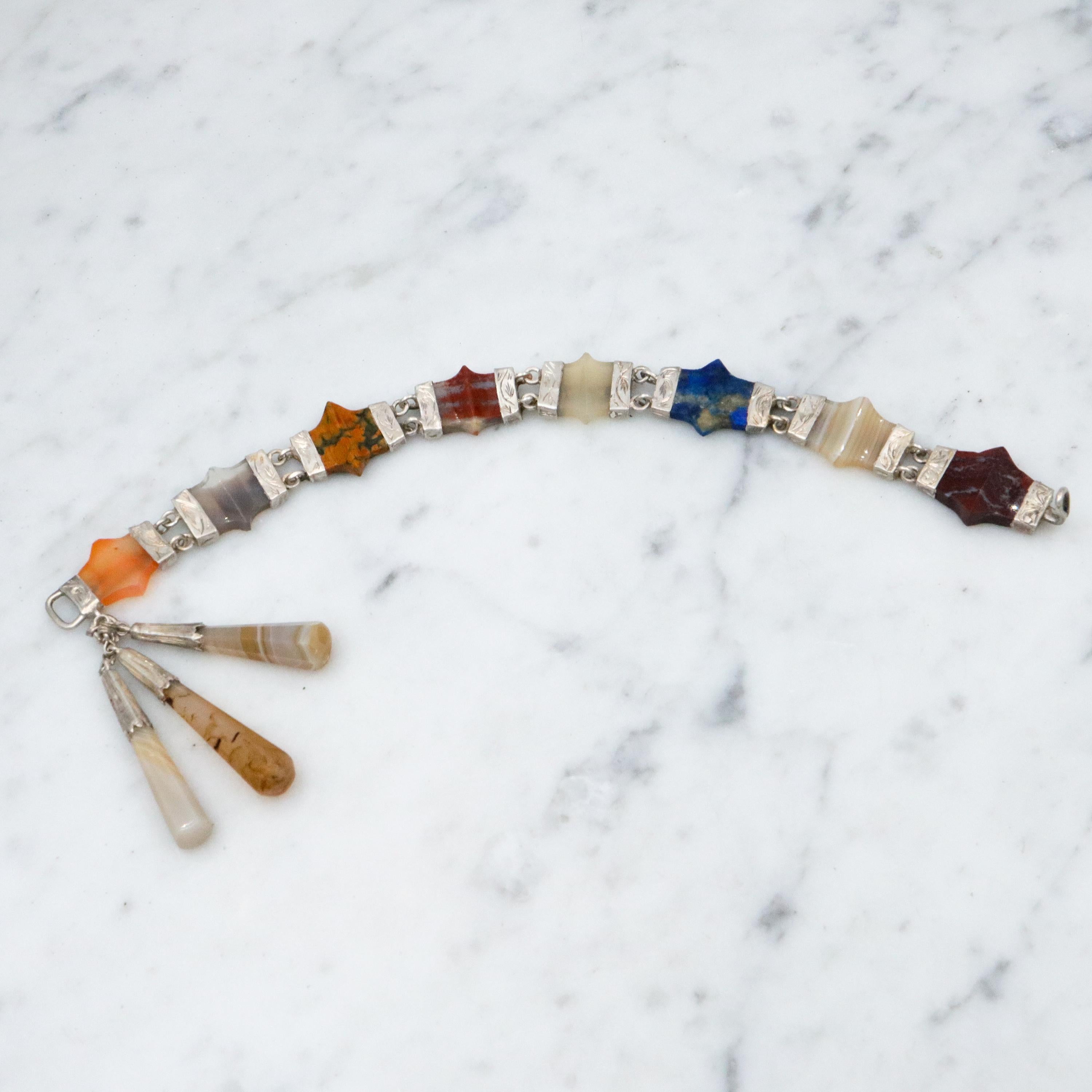 Antique Victorian Scottish Provincial agate link bracelet w/agate torpedo drops
