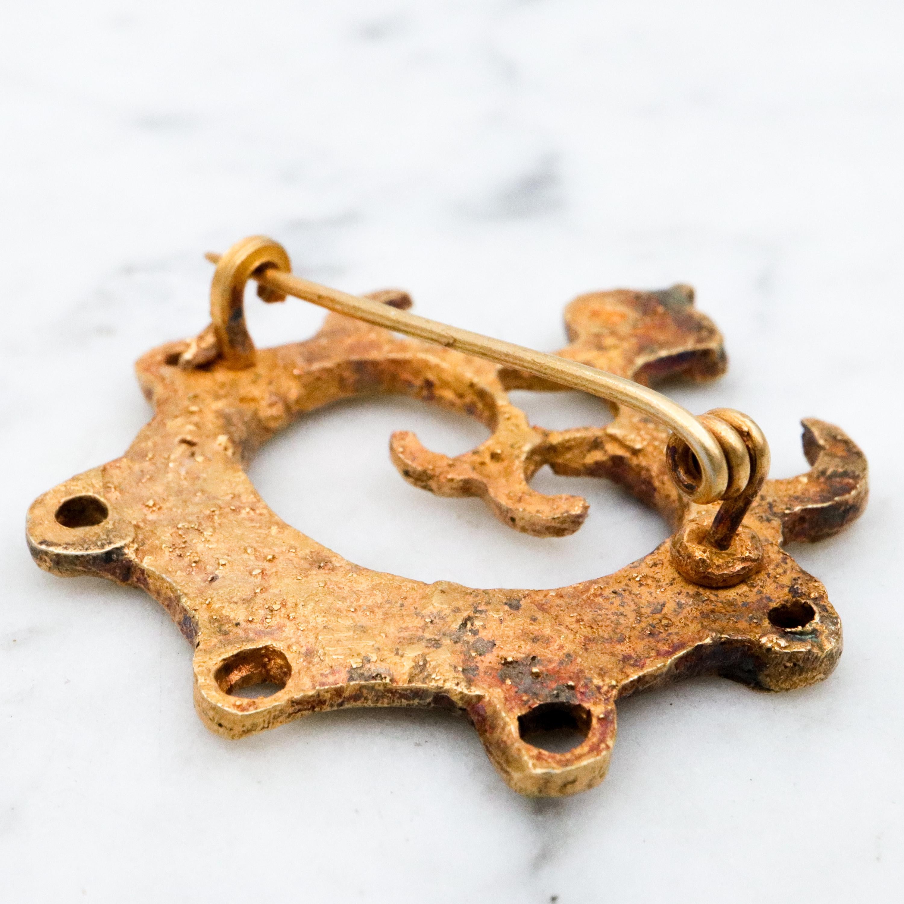 Vintage Pre-Columbian ancient artifact replica gold plated sand cast sterling brooch