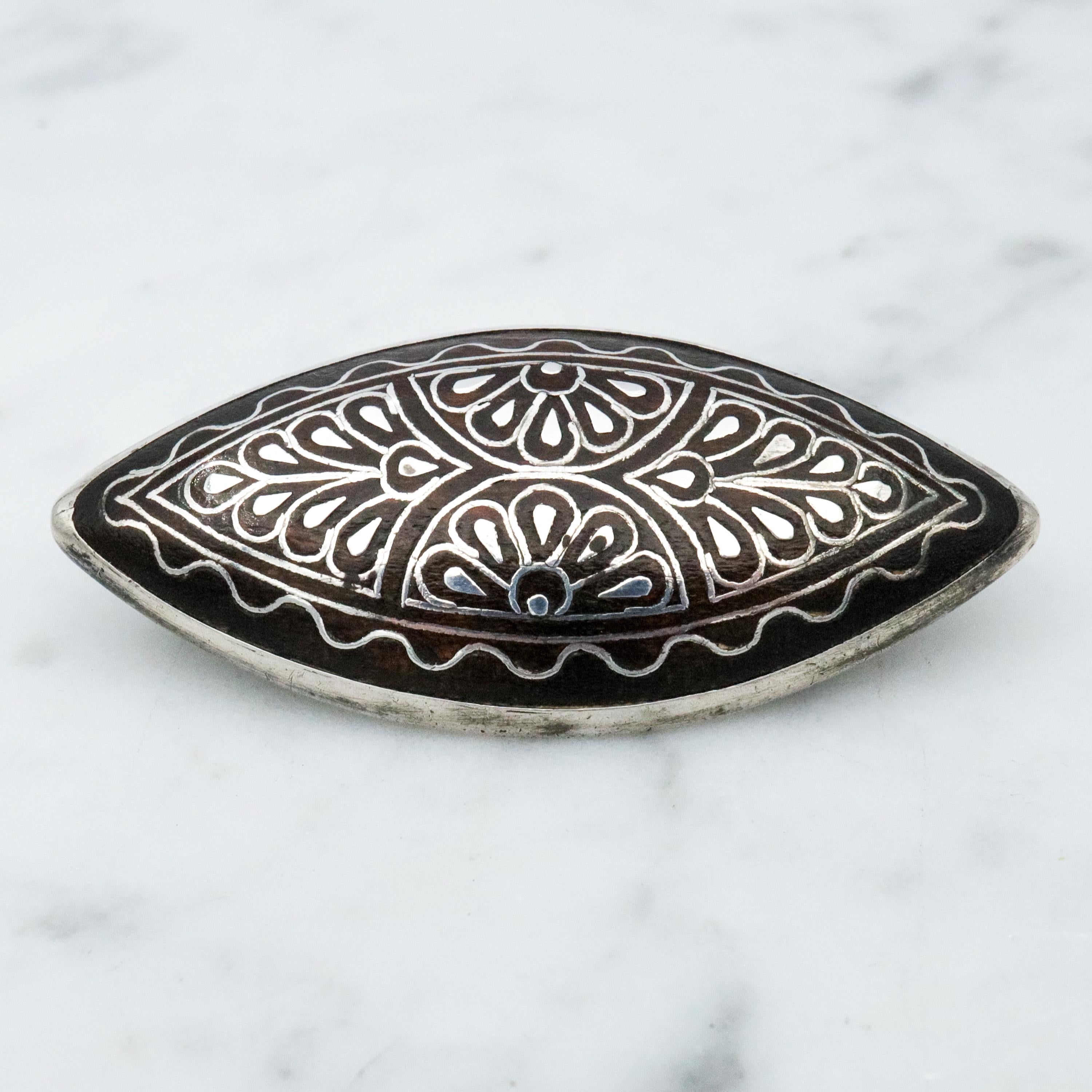 Antique Victorian silver inlaid wood elliptical brooch