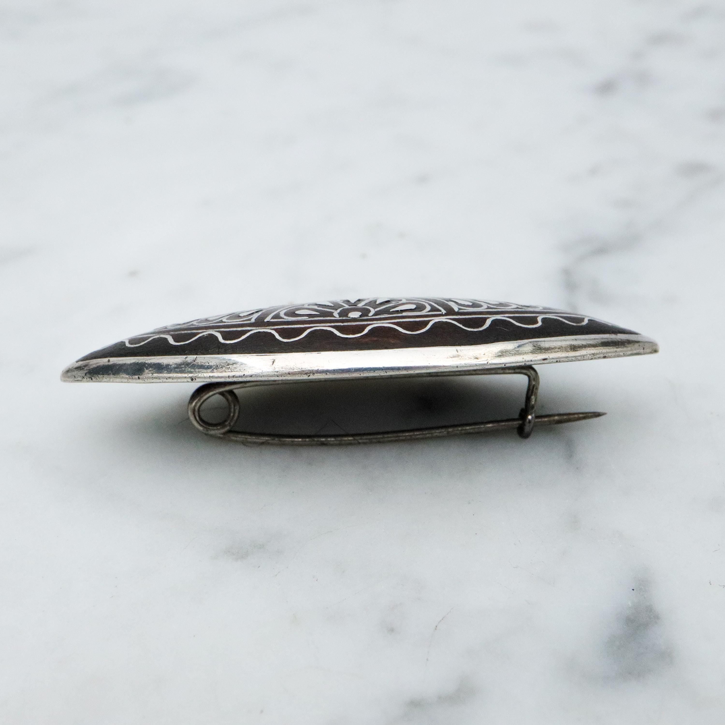 Antique Victorian silver inlaid wood elliptical brooch