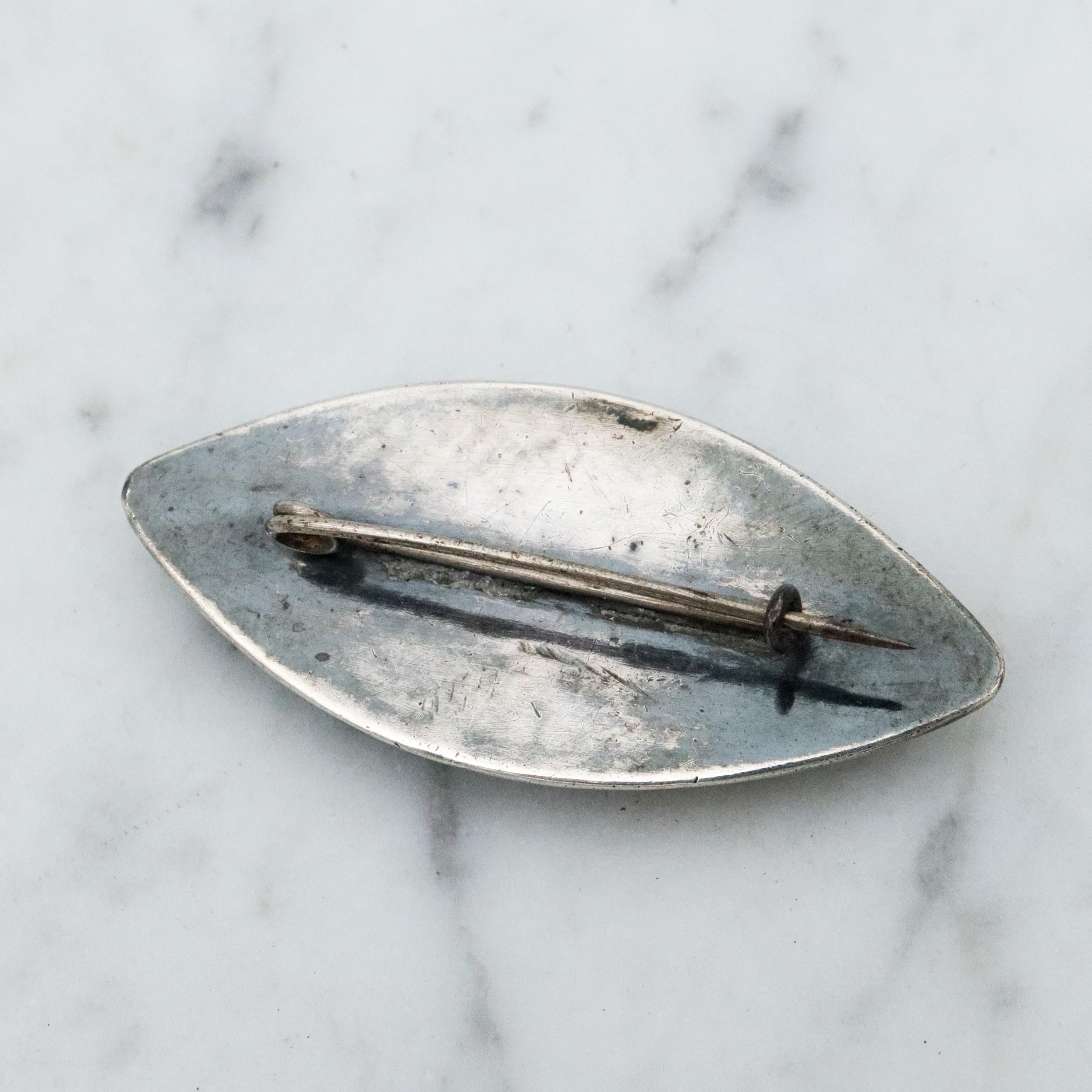 Antique Victorian silver inlaid wood elliptical brooch