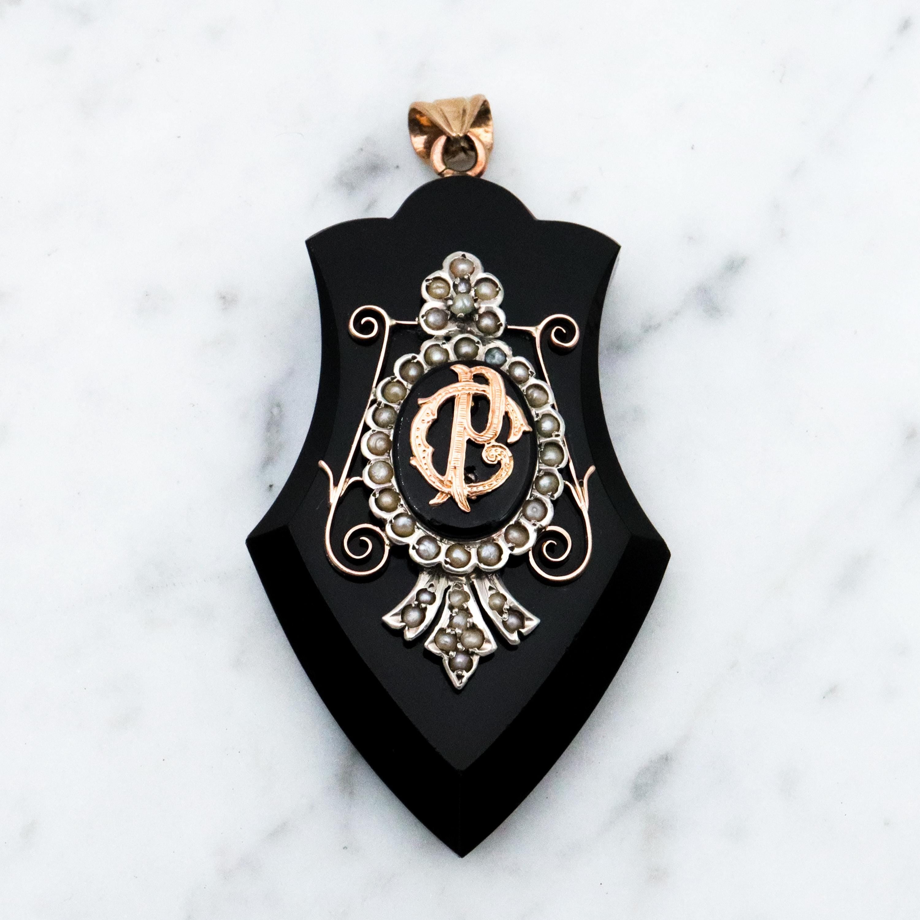 Antique Victorian onyx & pearl 14k gold mourning locket pendant