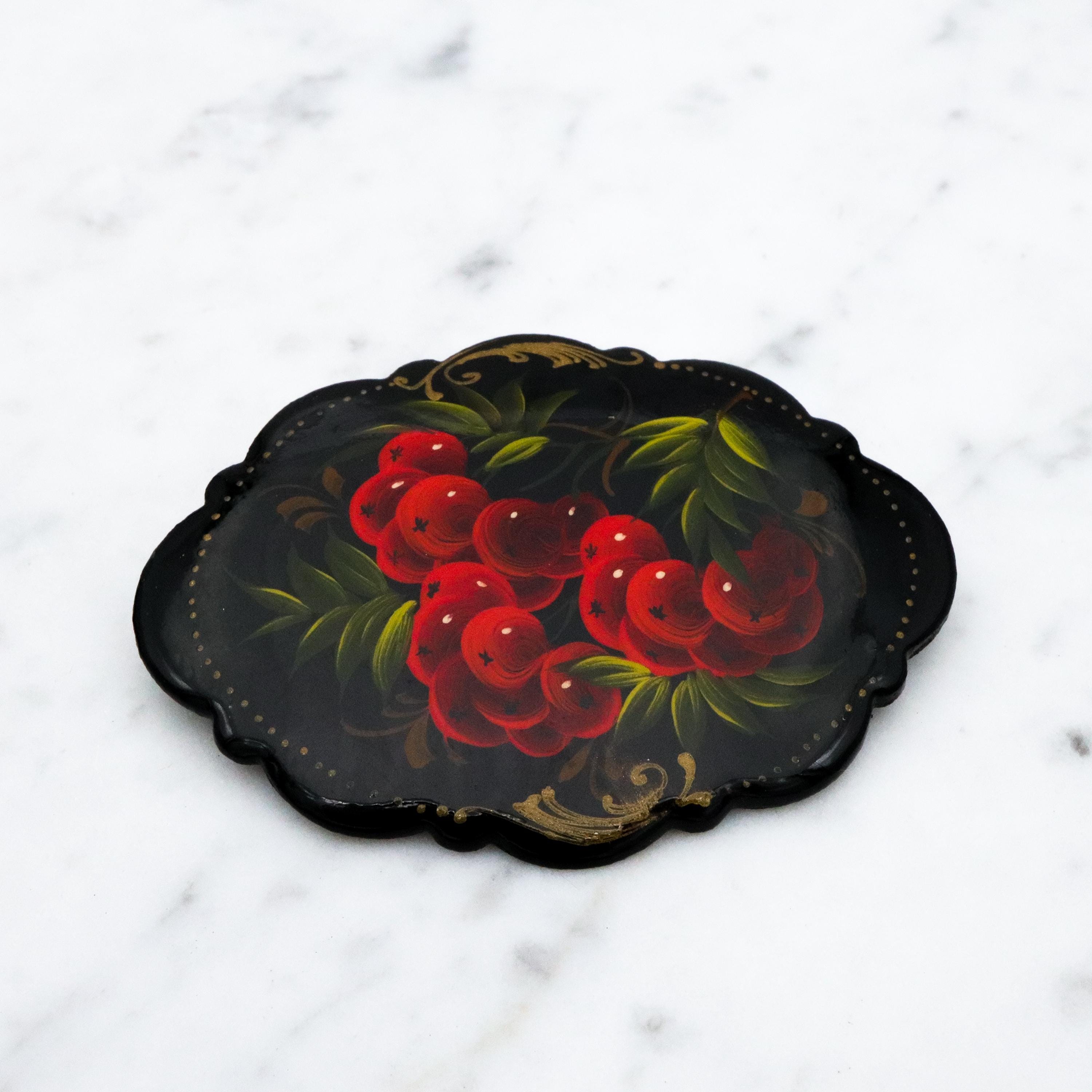 Vintage pair of hand painted floral Zhostovo style brooches