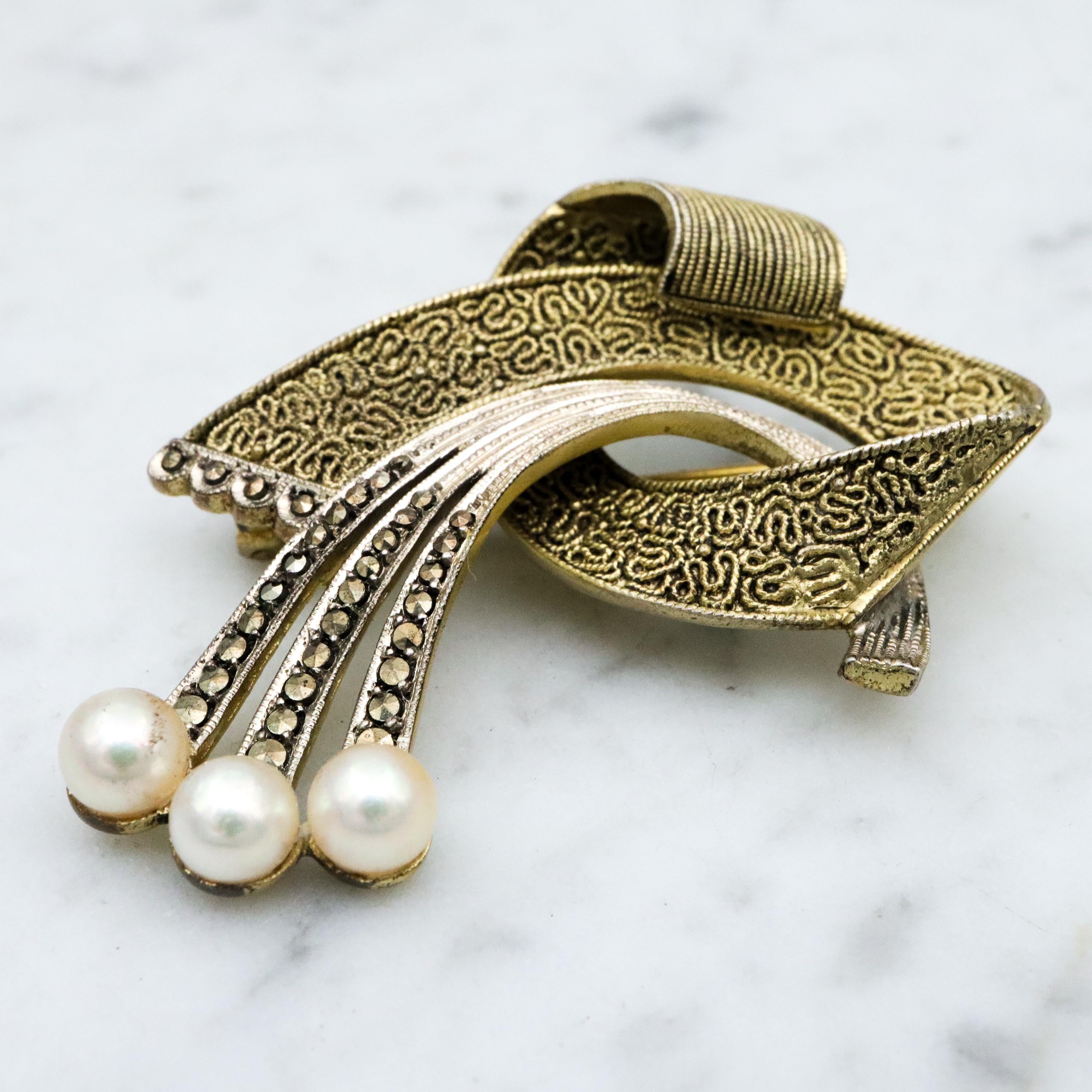 Antique Jugendstil Art Deco Theodor Fahrner vermeil sterling abstract brooch w/marcasites & pearls