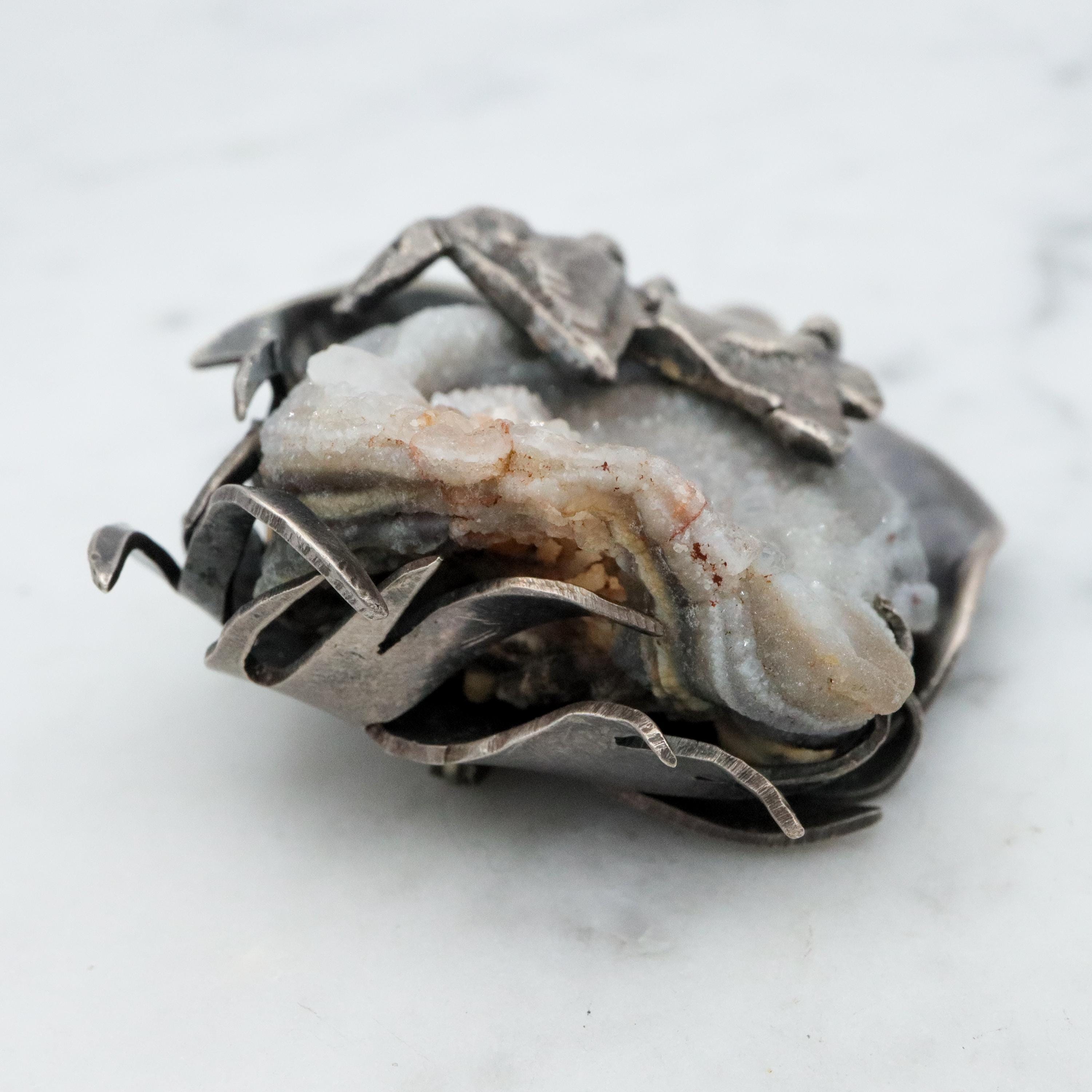 MCM handmade sterling agate druzy flower brooch