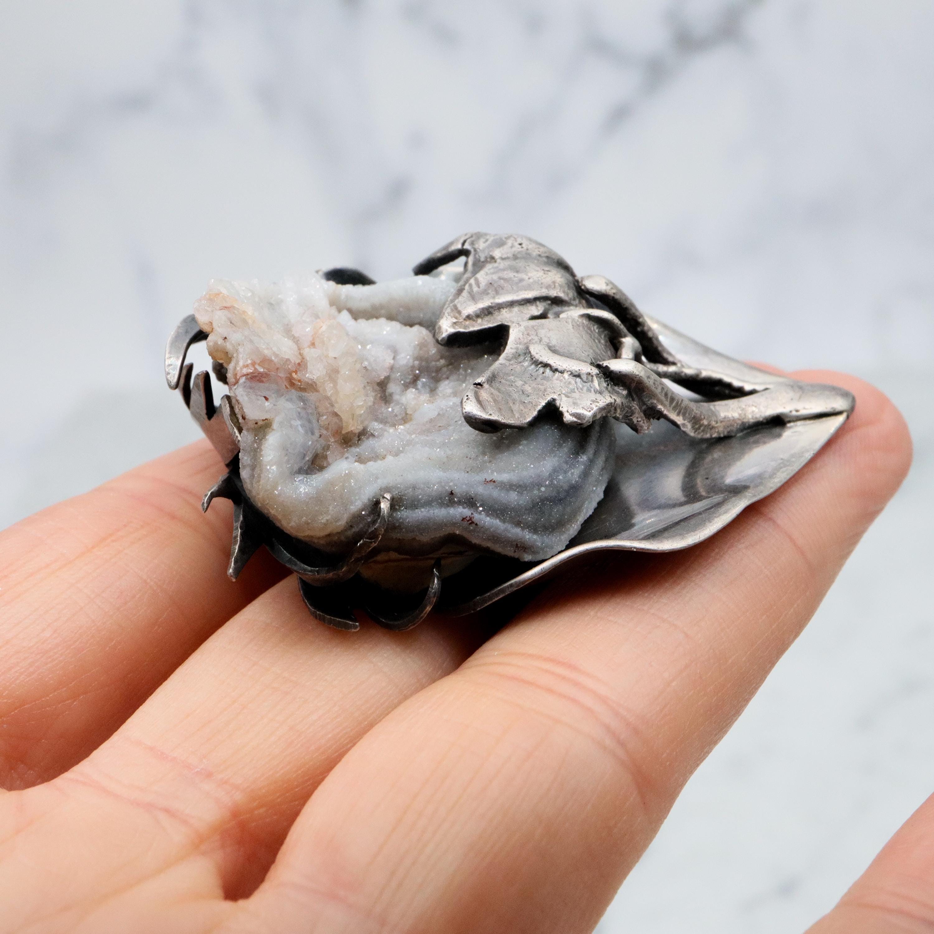 MCM handmade sterling agate druzy flower brooch