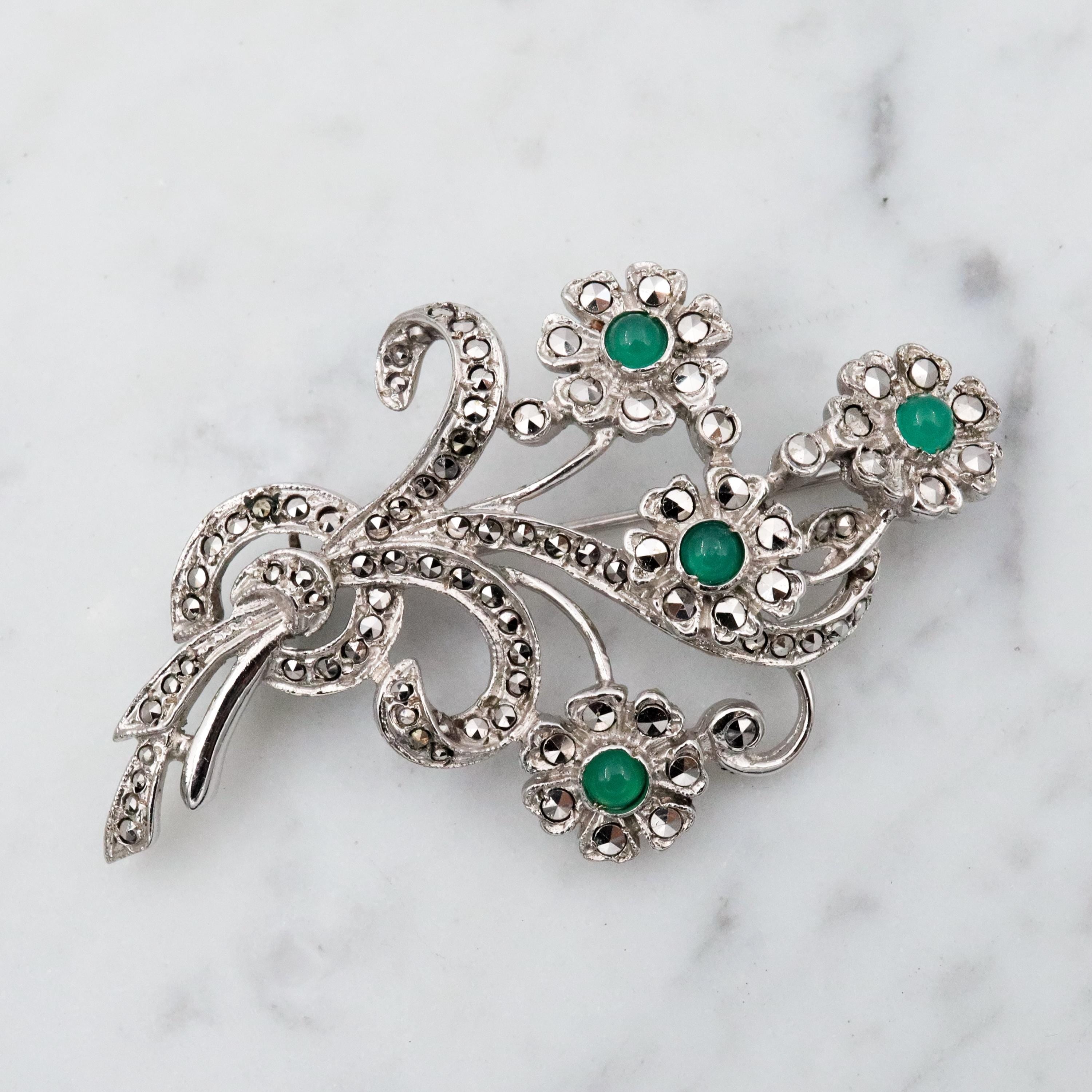 Antique Art Deco sterling marcasite flower brooch w/chrysoprase by Bliss Brothers