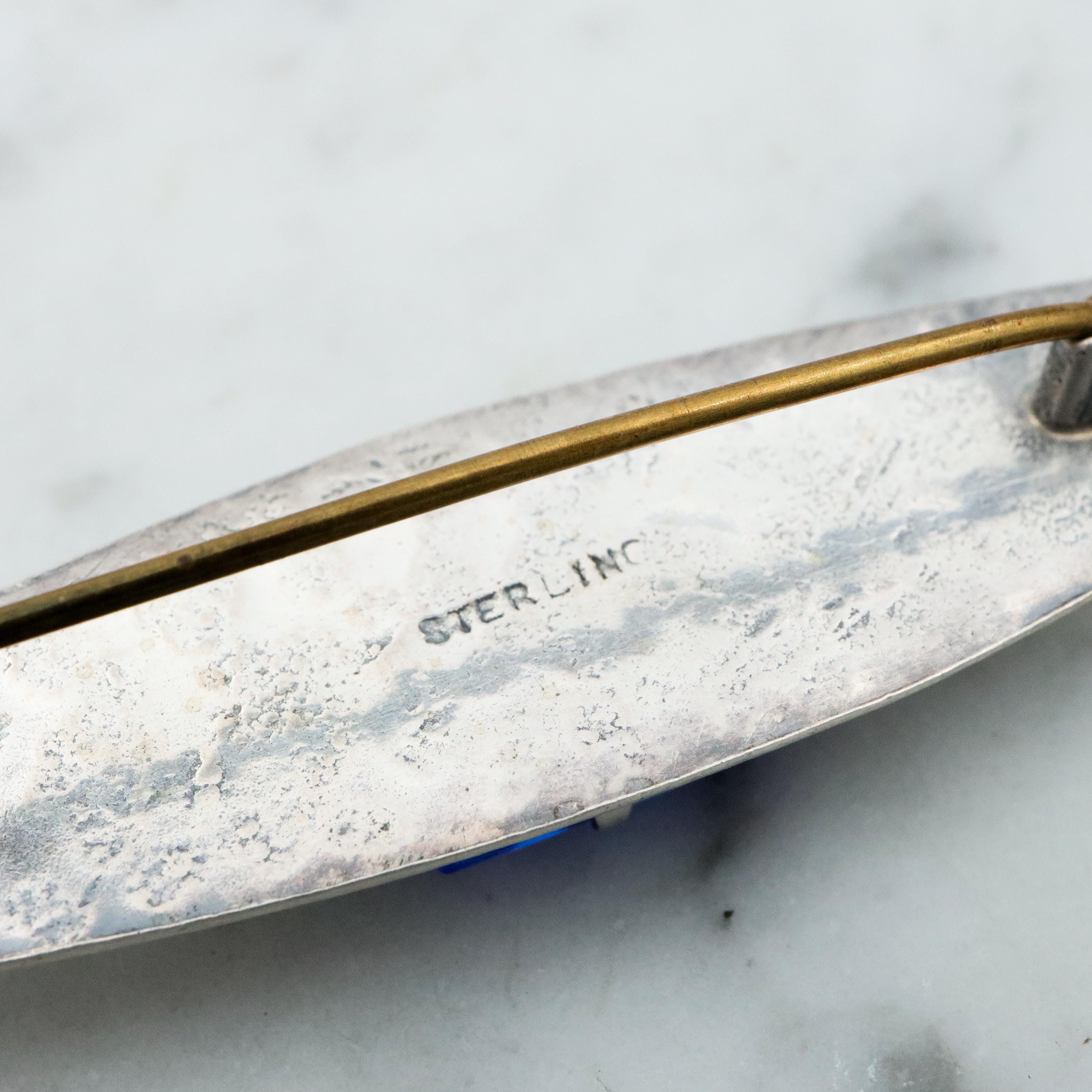 Antique Arts & Crafts hammered sterling bar pin w/blue paste gem