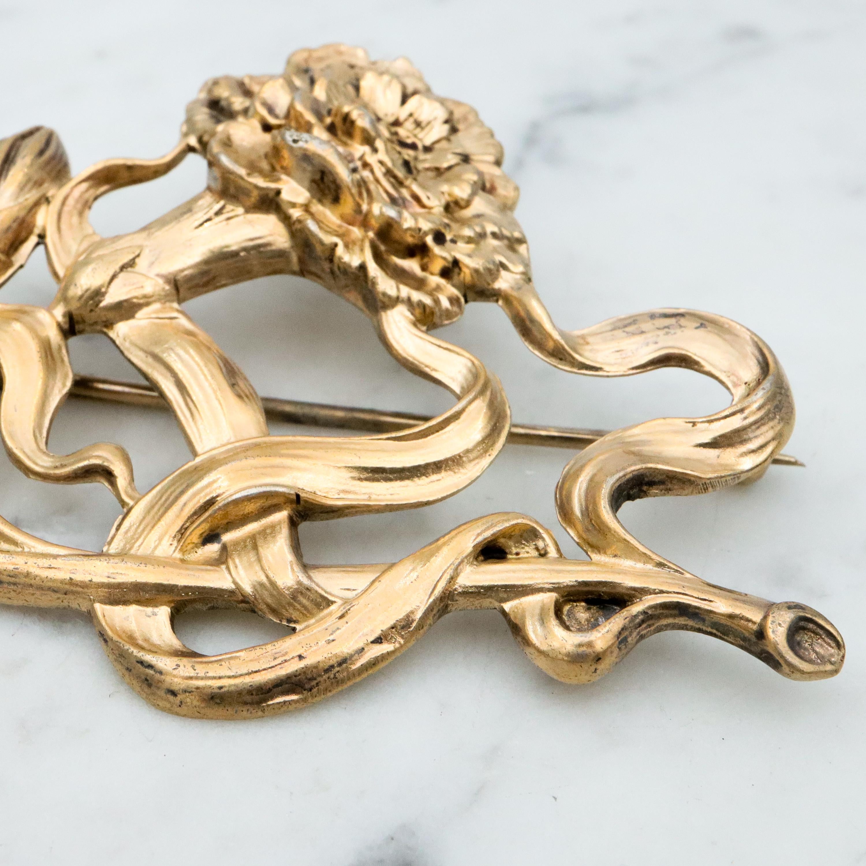 Large Antique Art Nouveau Unger Brothers vermeil sterling carnation brooch