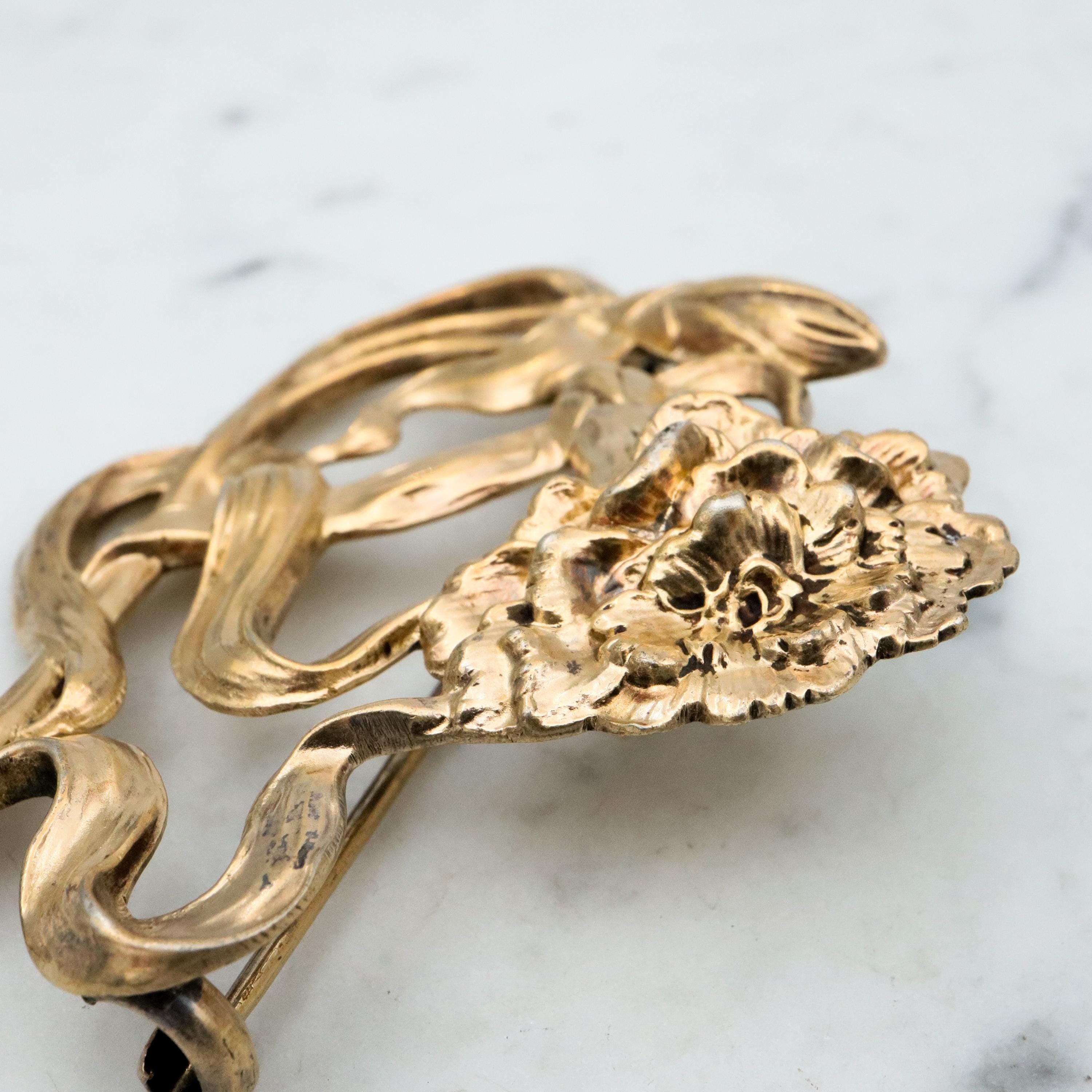 Large Antique Art Nouveau Unger Brothers vermeil sterling carnation brooch