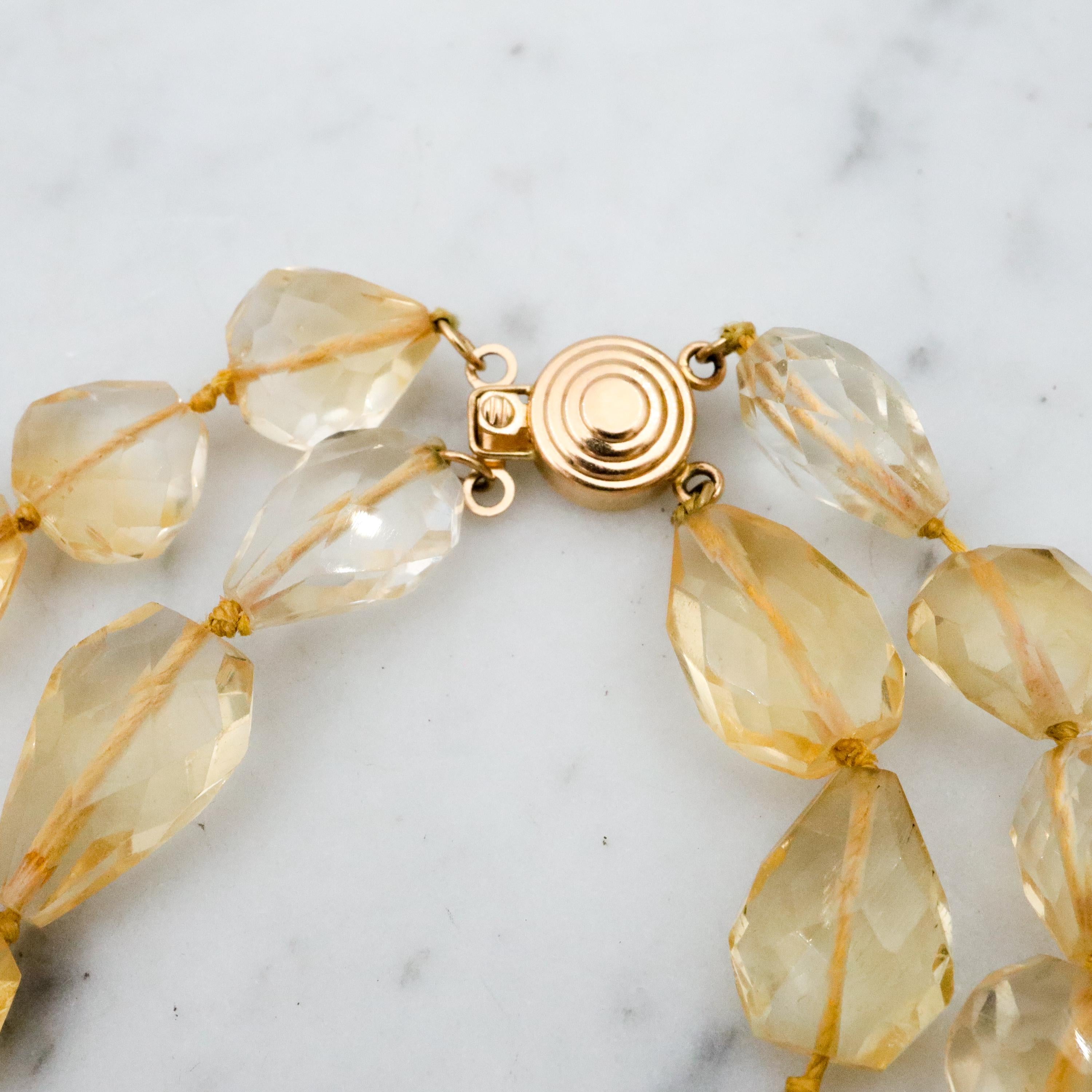 Retro double strand hand cut natural citrine beaded necklace with 14k clasp