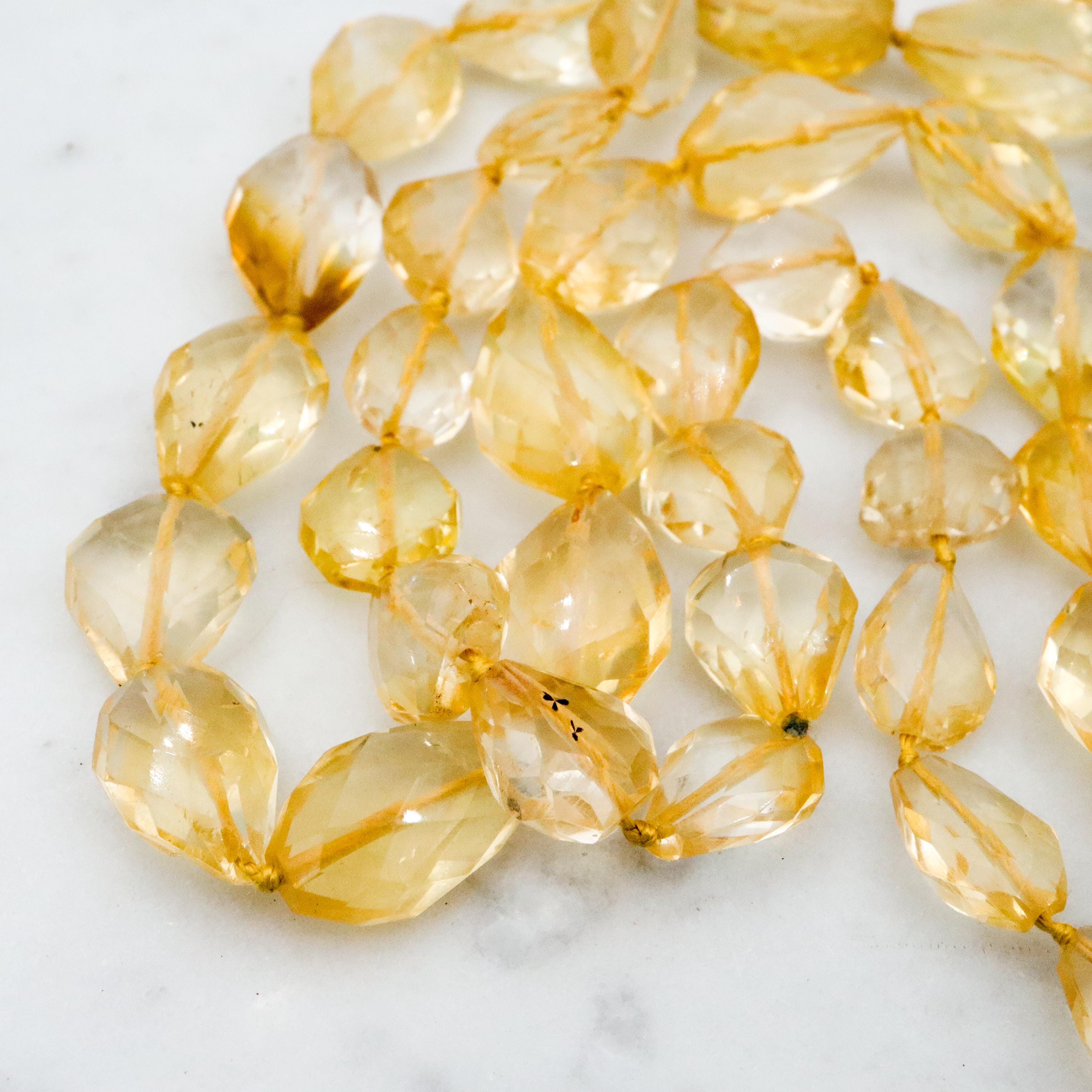 Retro double strand hand cut natural citrine beaded necklace with 14k clasp