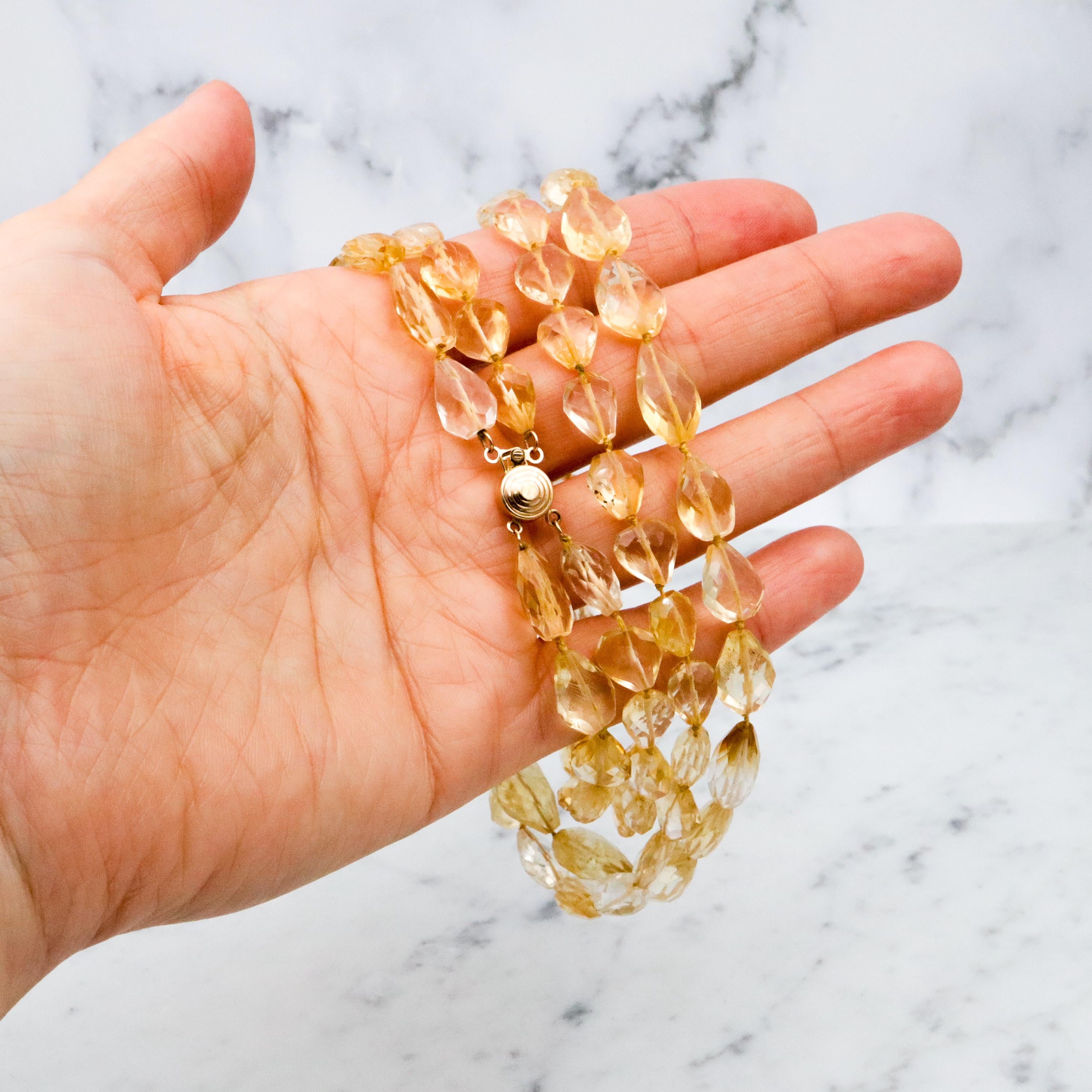 Retro double strand hand cut natural citrine beaded necklace with 14k clasp