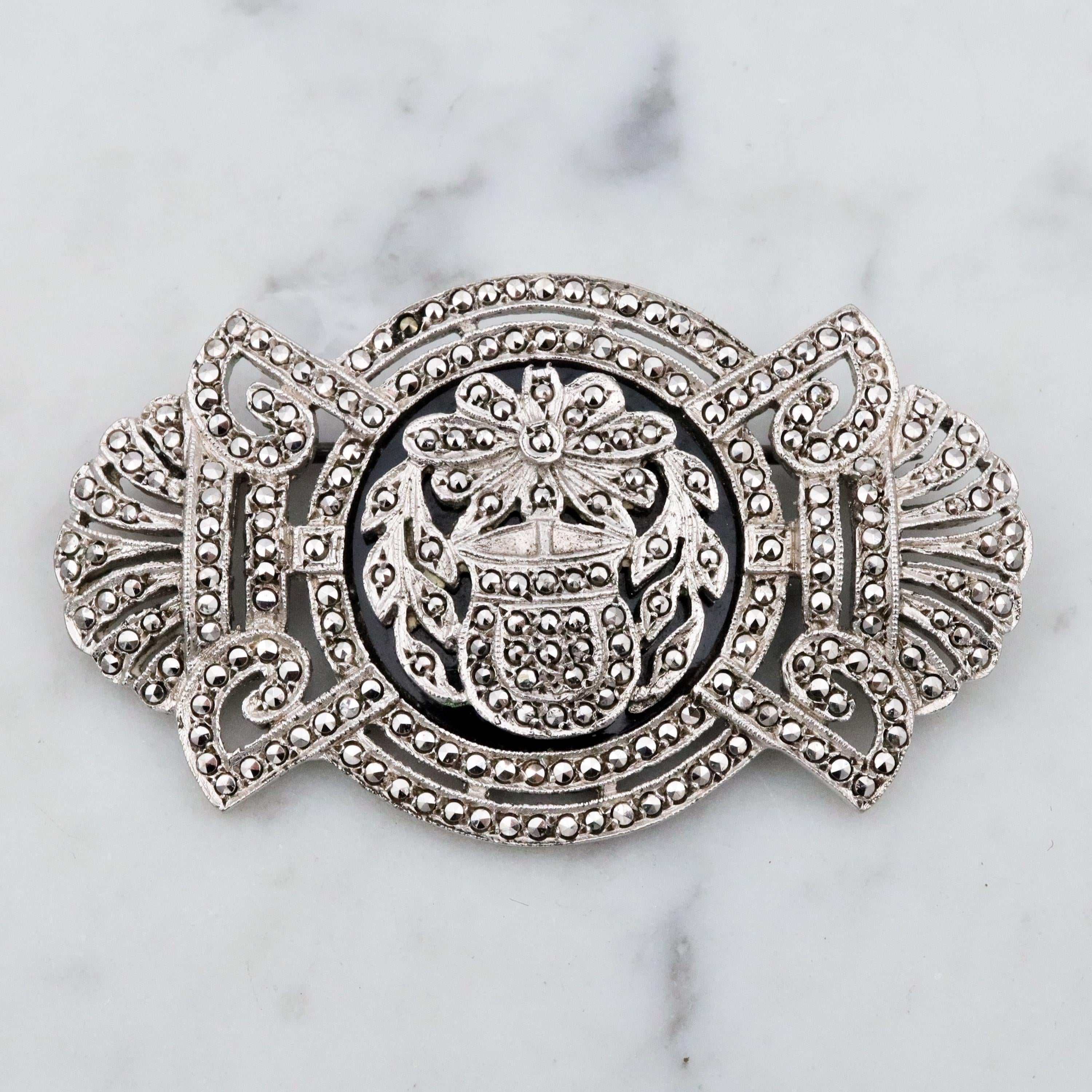 Antique Art Deco sterling marcasite floral framed brooch by EAGLE