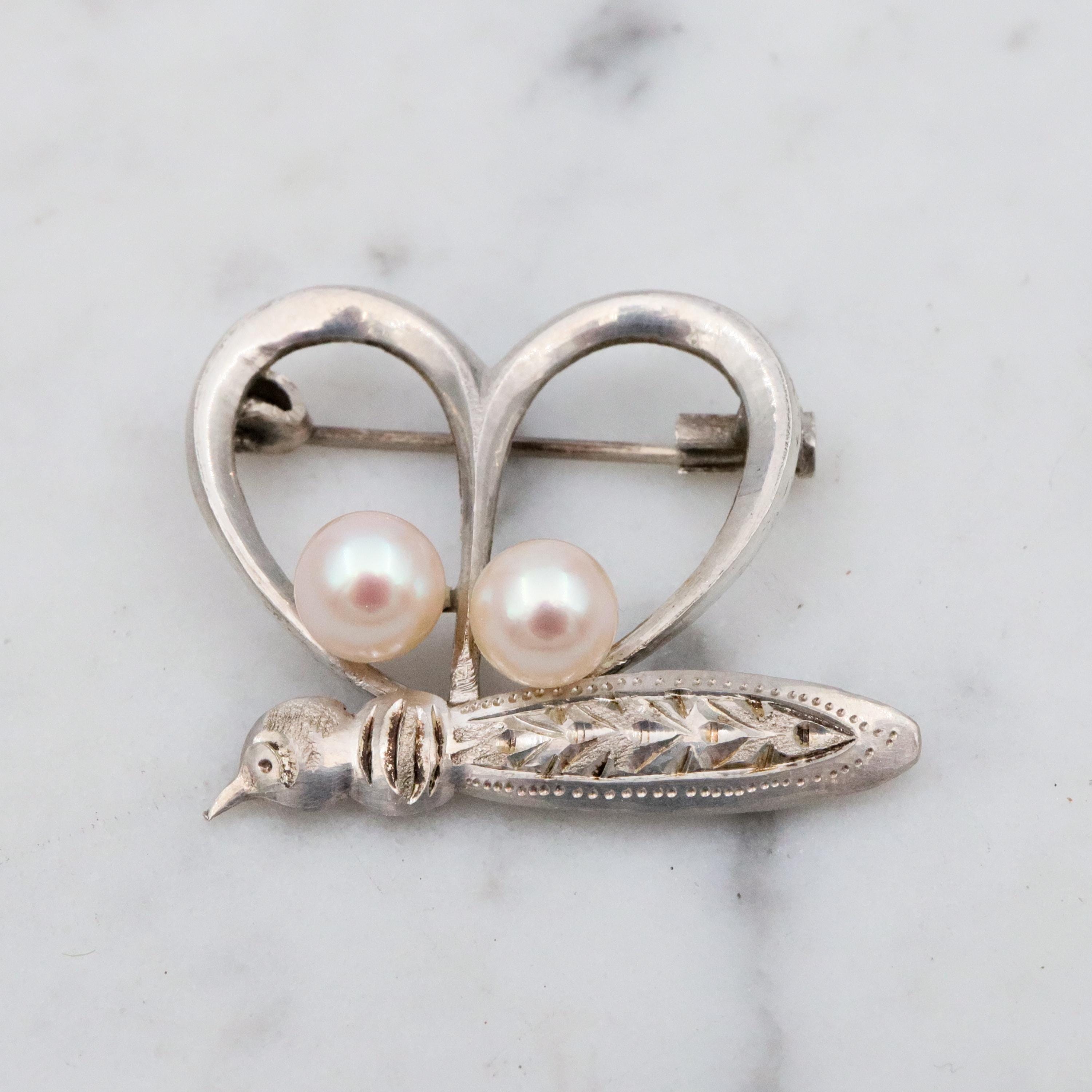 Petite Mid Century sterling & pearl butterfly brooch