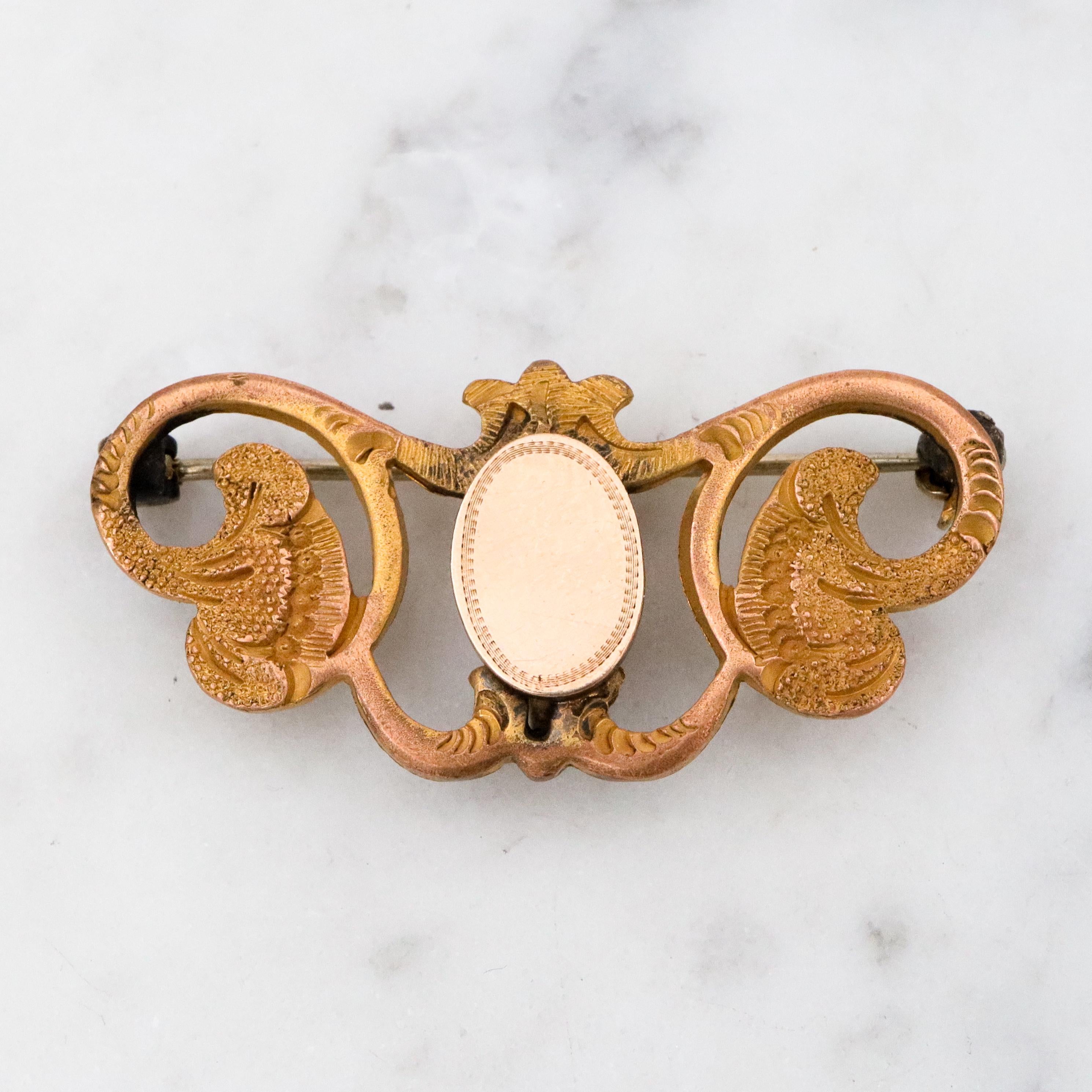 Antique Victorian Rococo style gilt metal floral vine & plaque watch clip pin