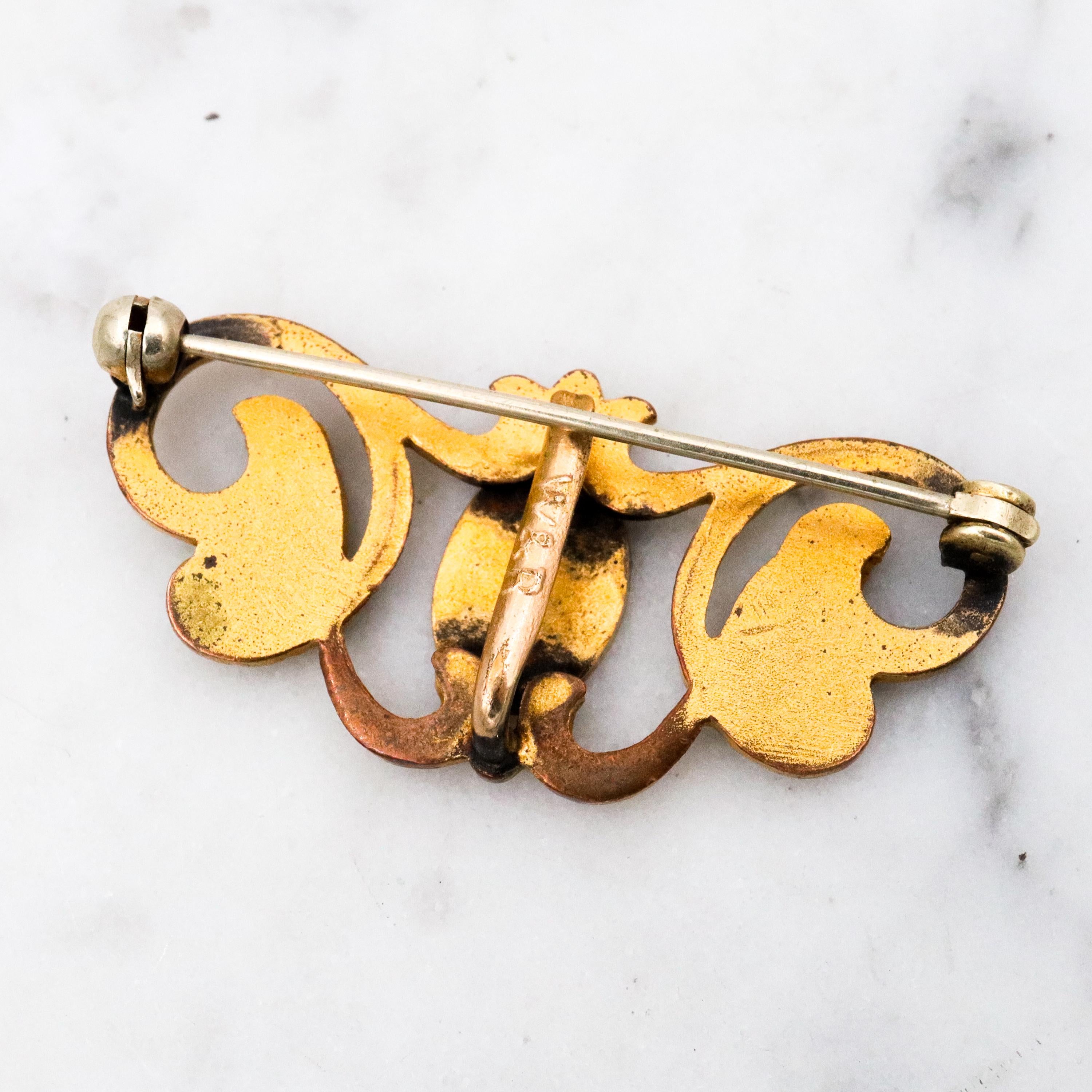 Antique Victorian Rococo style gilt metal floral vine & plaque watch clip pin