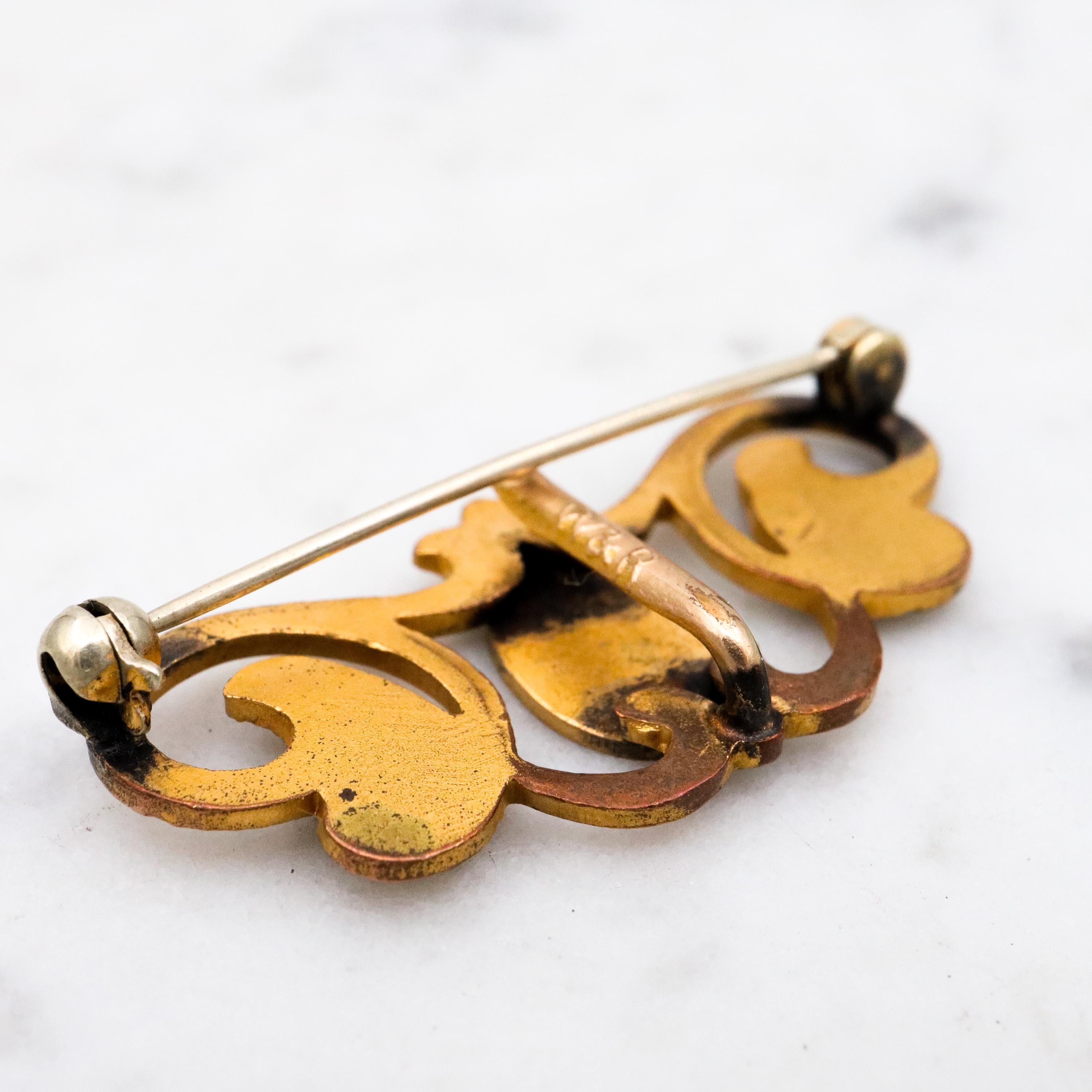 Antique Victorian Rococo style gilt metal floral vine & plaque watch clip pin