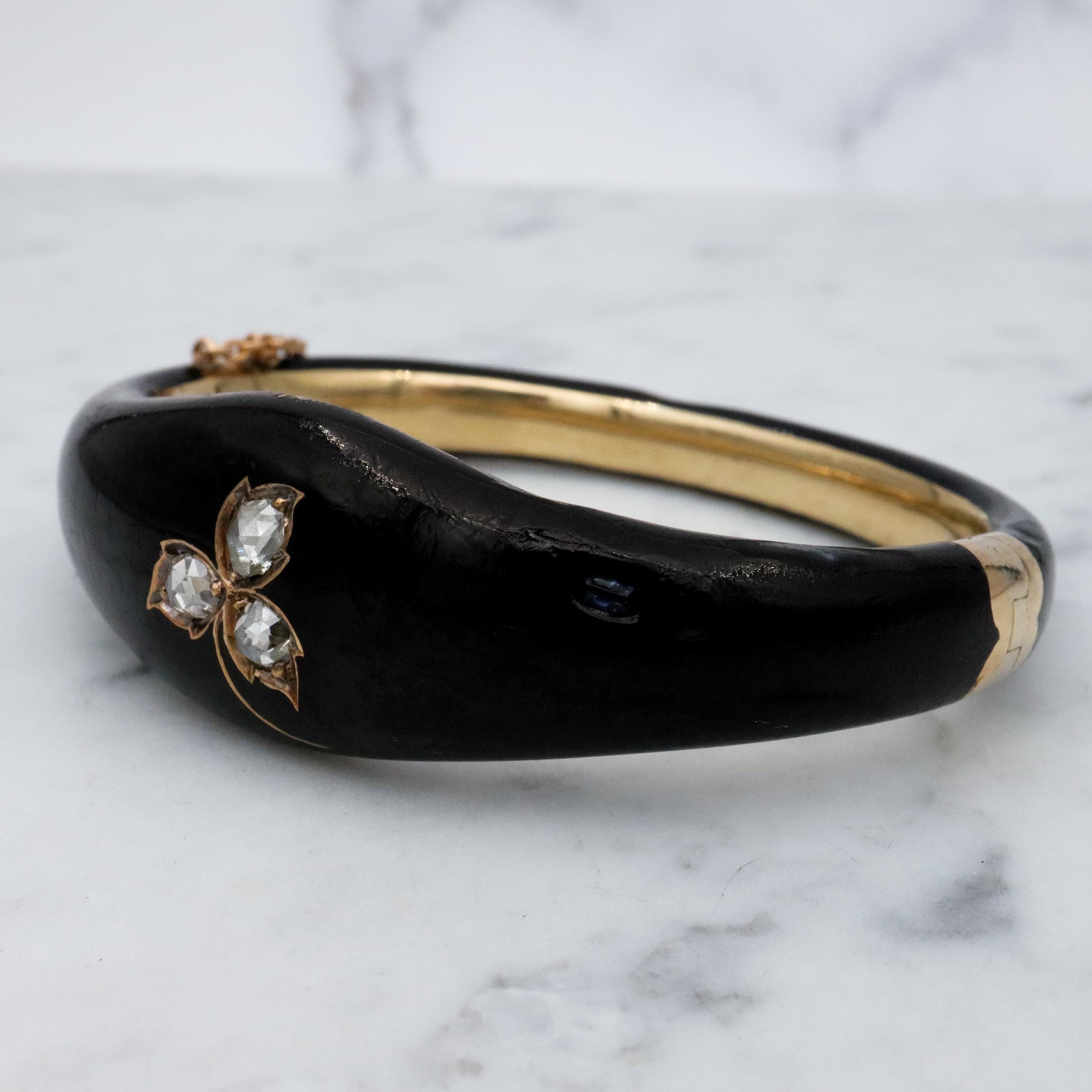 Antique Victorian 14k gold black enamel mourning bangle with rose cut diamonds