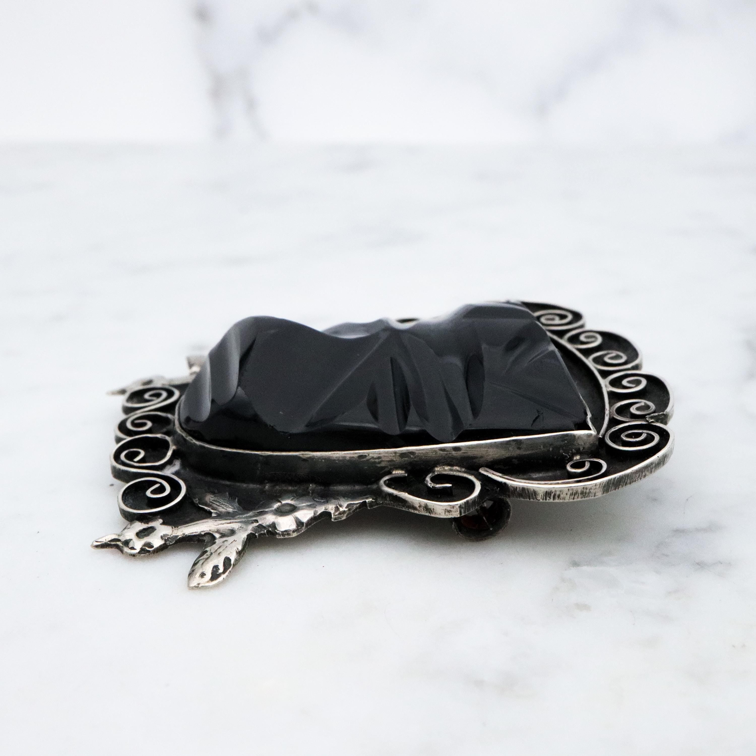 Antique 1920s Mexican sterling onyx carved Mayan mask brooch