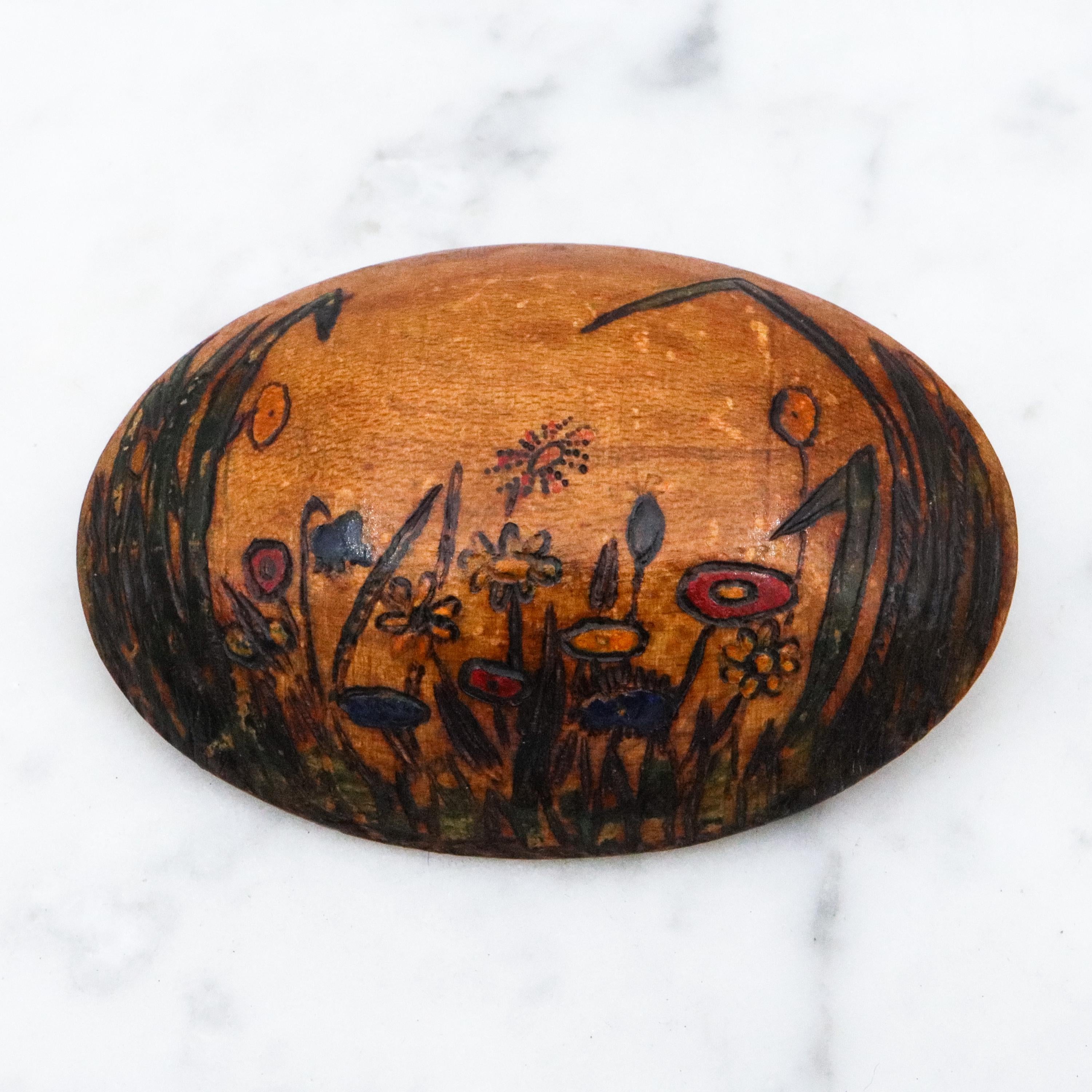 Antique 1937 handmade domed wooden brooch with painted floral scene