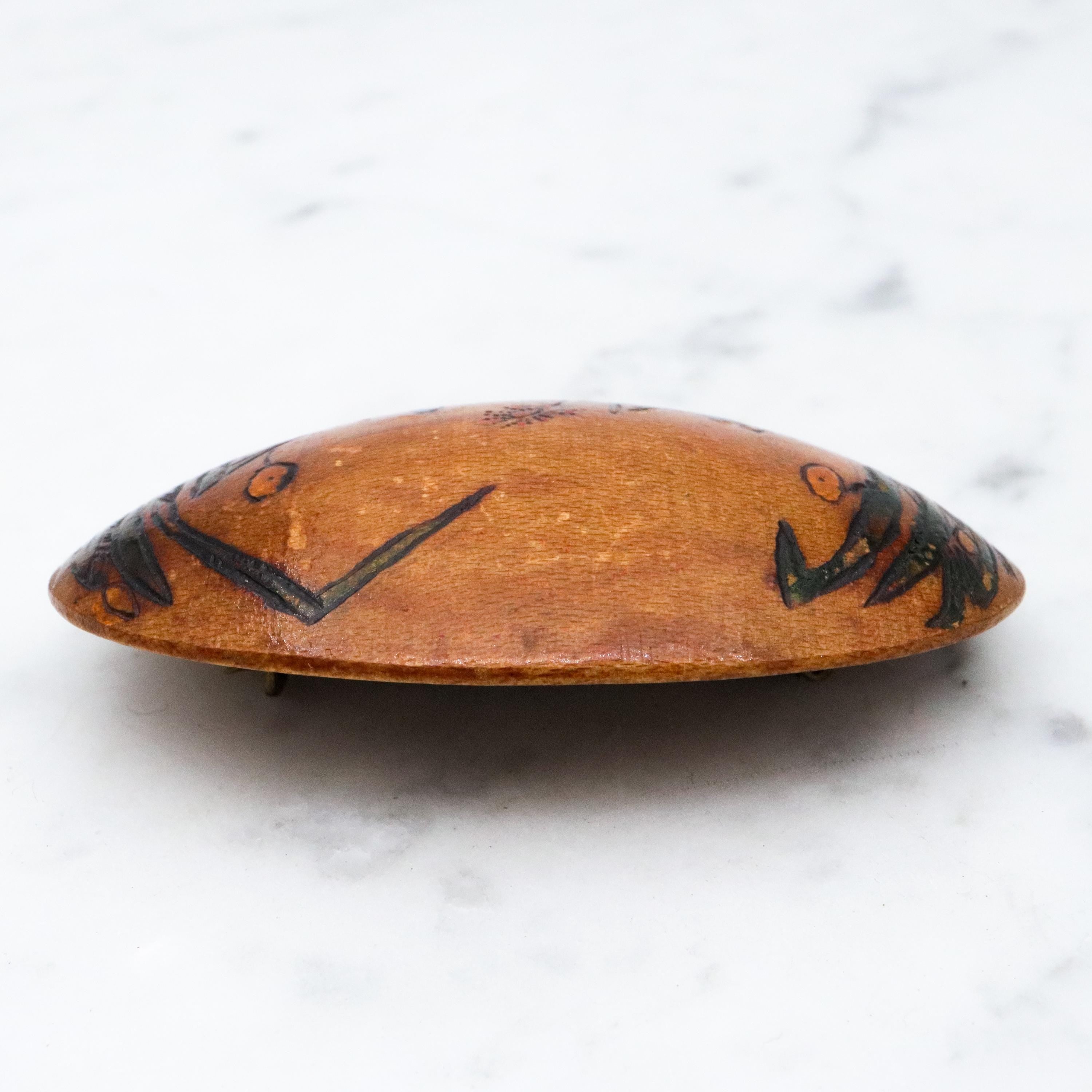 Antique 1937 handmade domed wooden brooch with painted floral scene