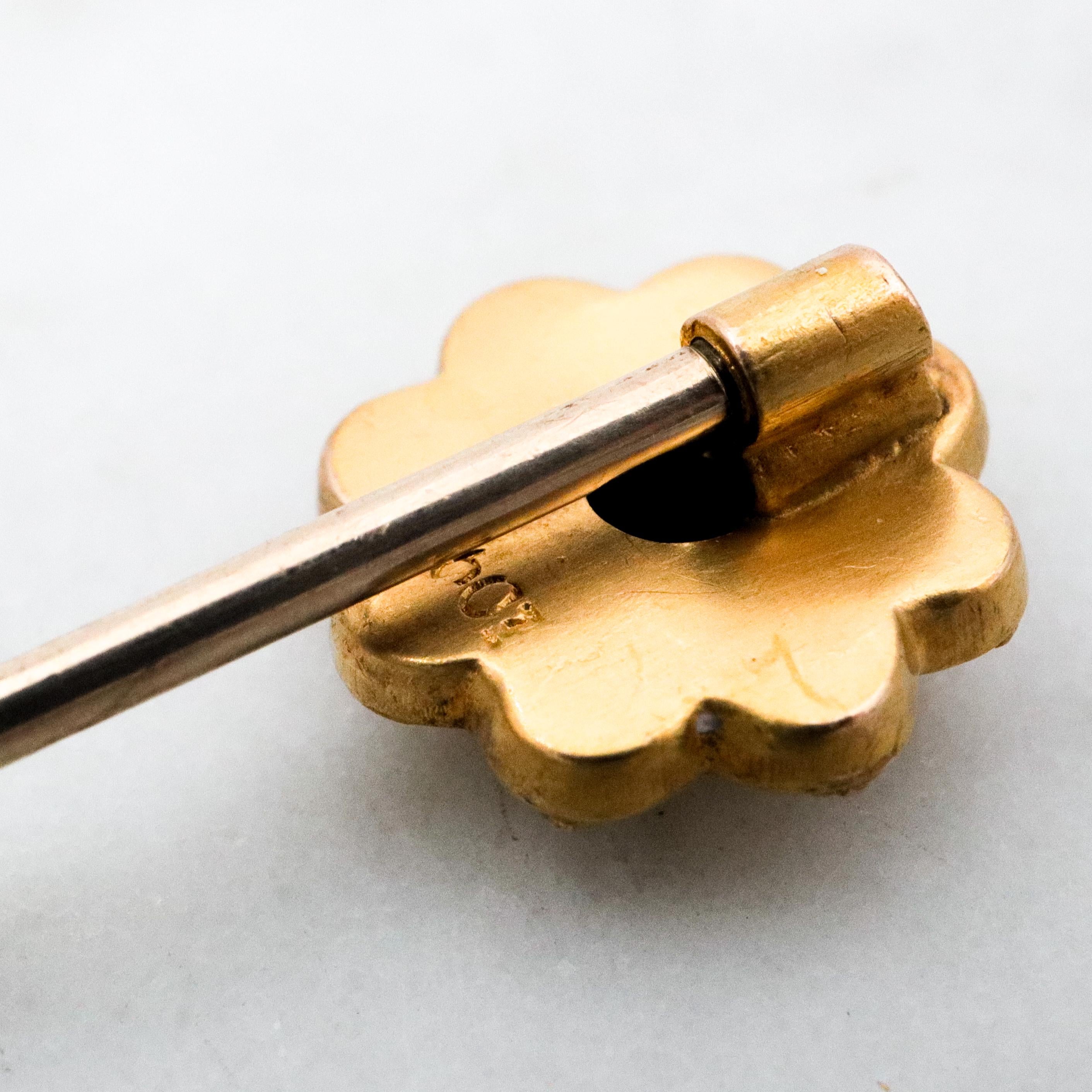 Antique Victorian Etruscan Revival 10k gold rose cut diamond flower stick pin