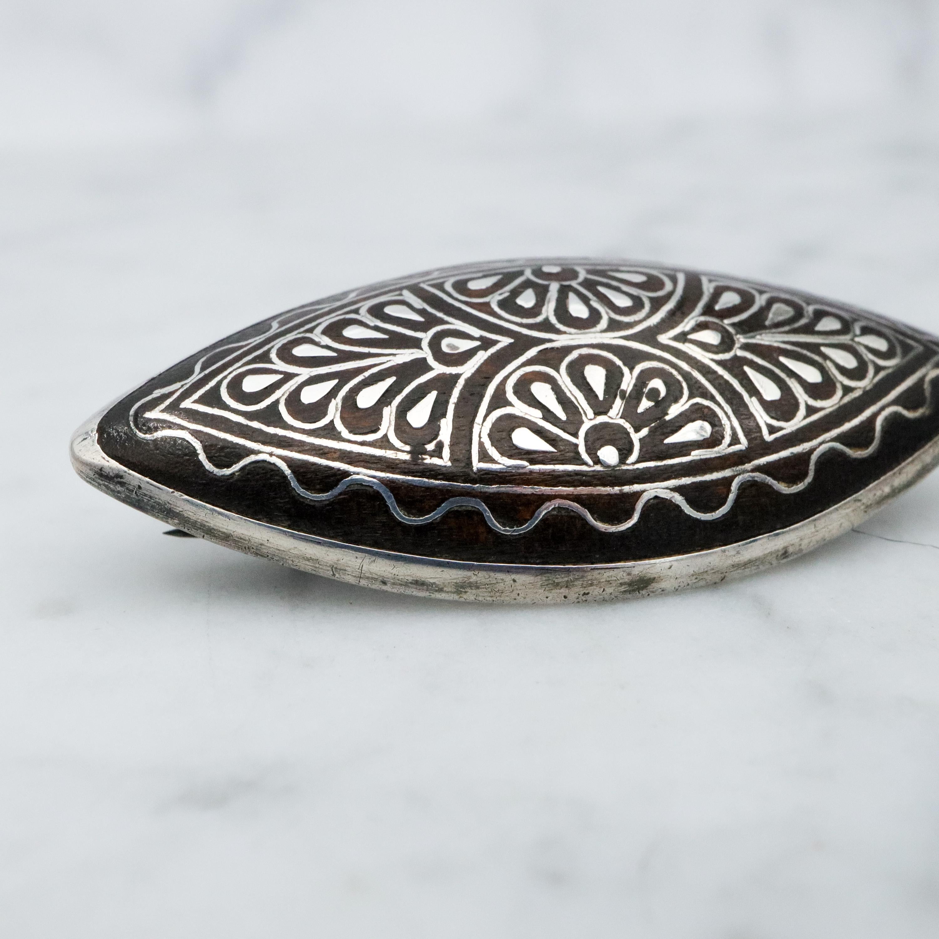 Antique Victorian silver inlaid wood elliptical brooch