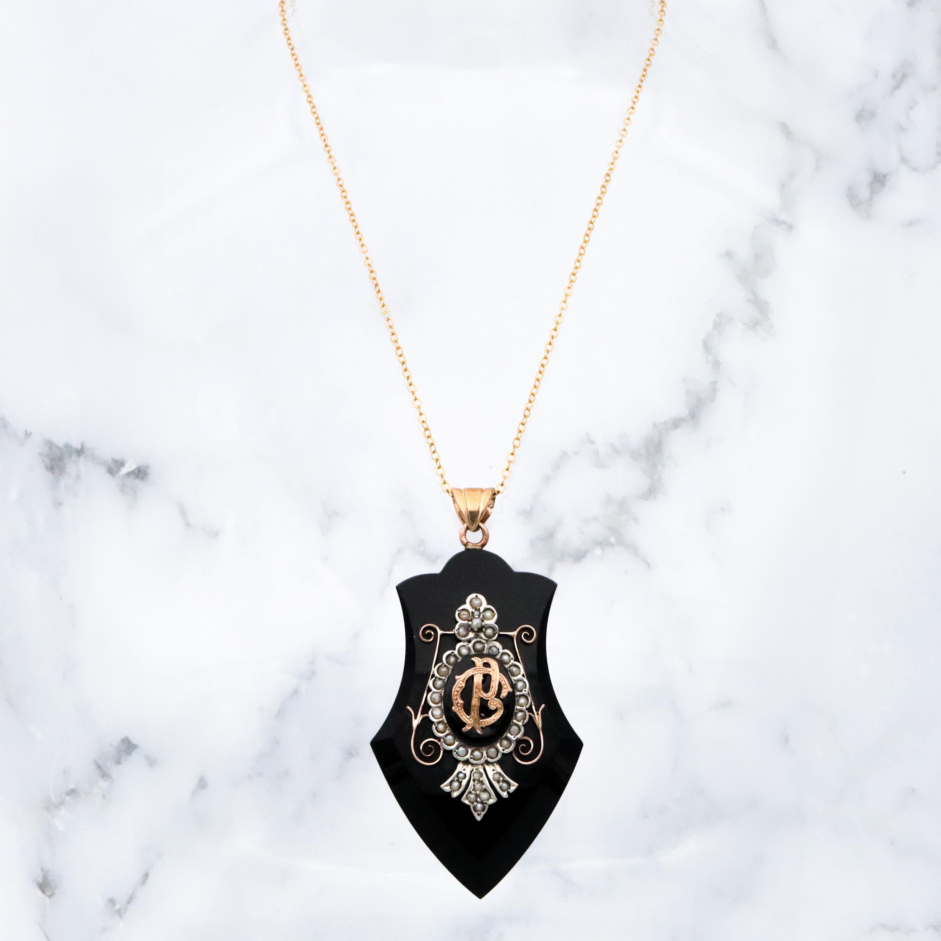 Antique Victorian onyx & pearl 14k gold mourning locket pendant