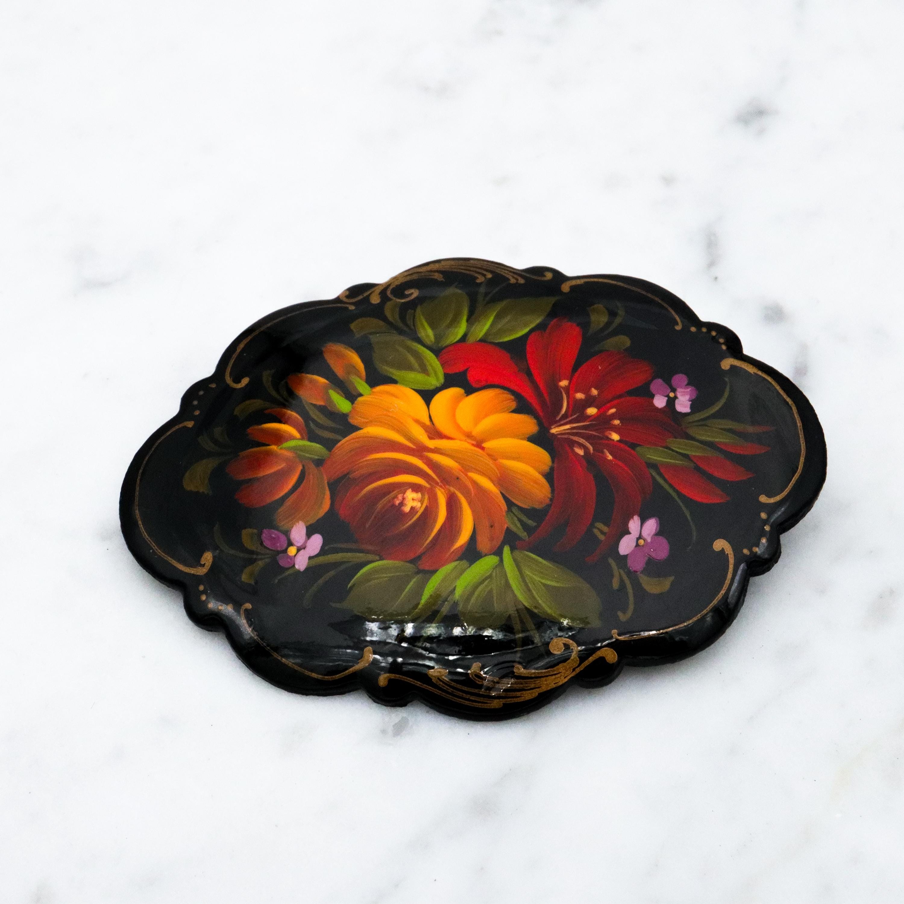 Vintage pair of hand painted floral Zhostovo style brooches