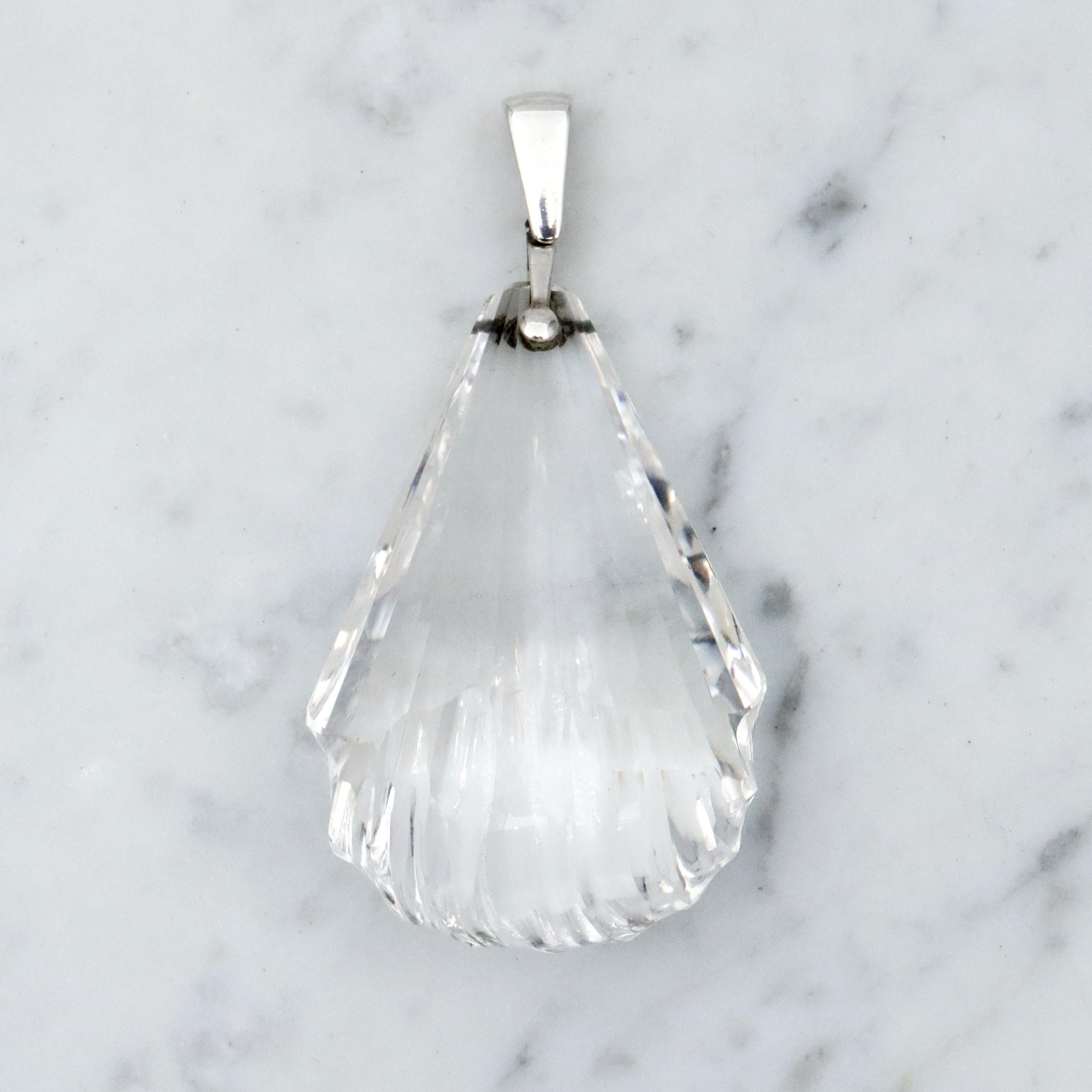 Huge antique Art Deco cut rock crystal sterling drop pendant