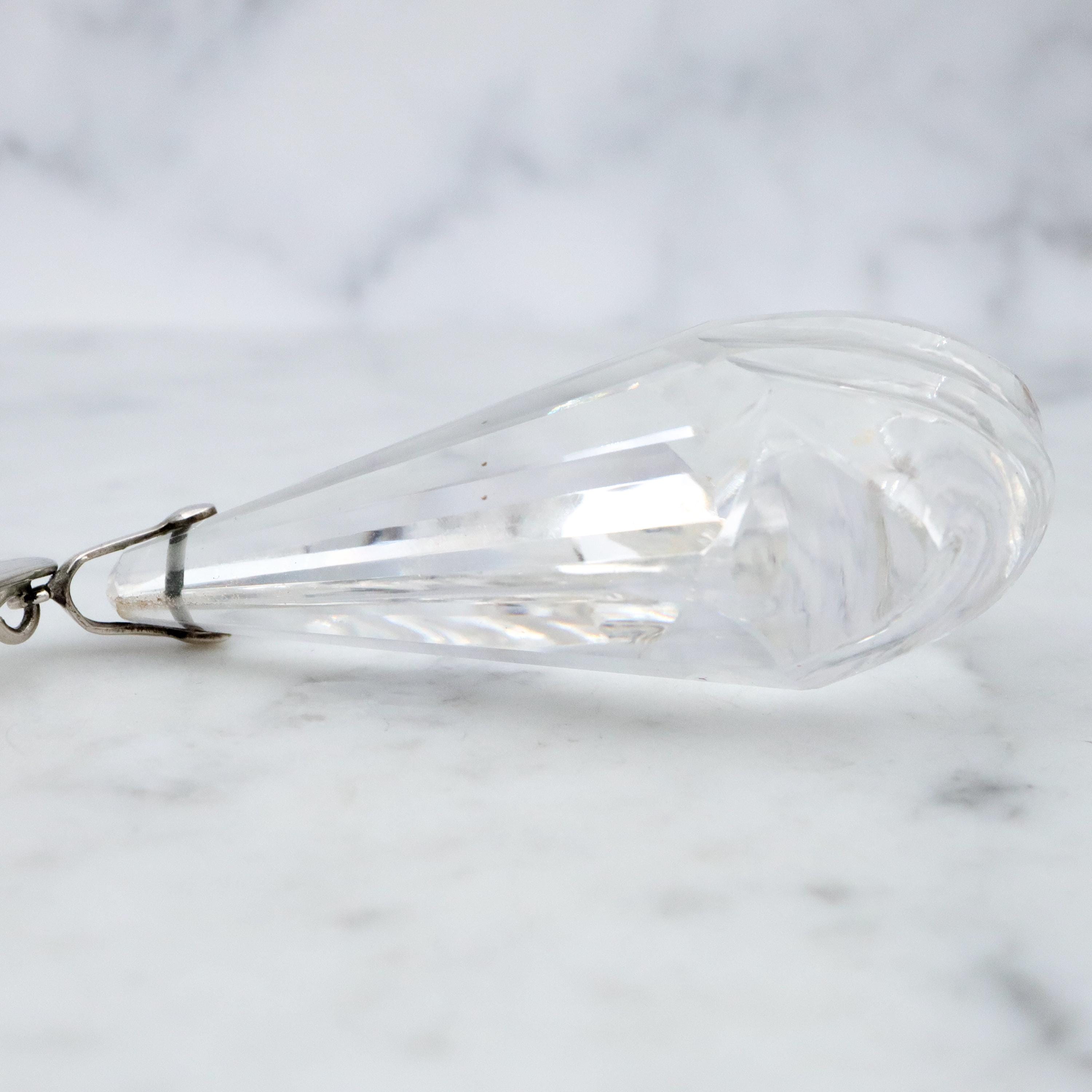Huge antique Art Deco cut rock crystal sterling drop pendant