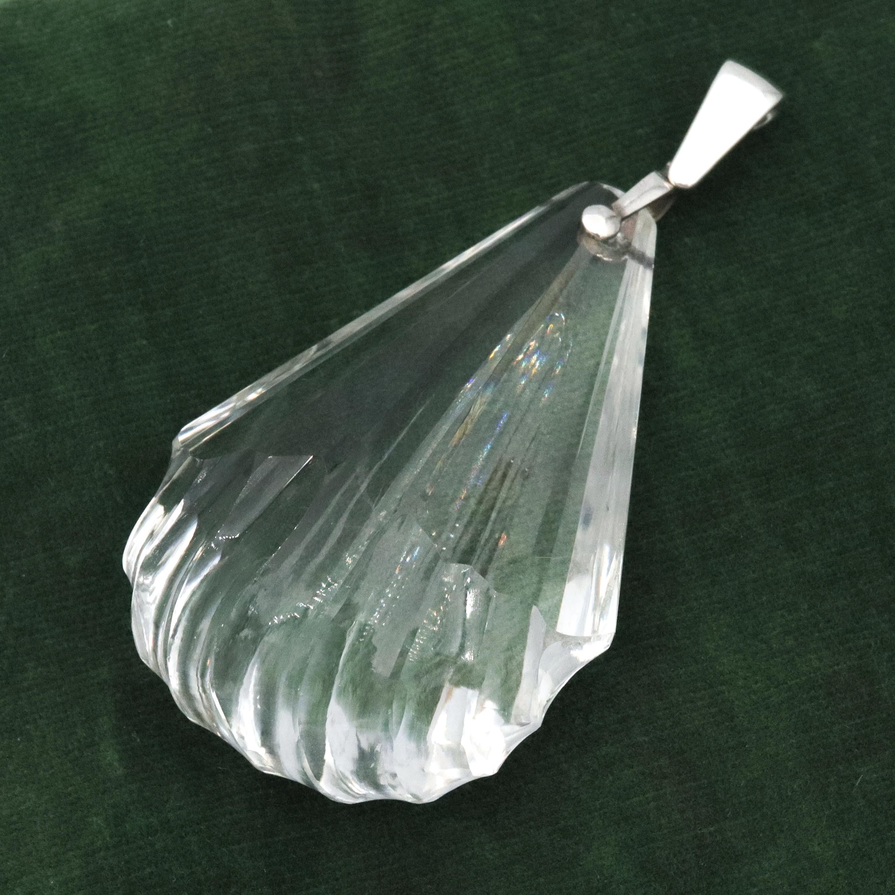 Huge antique Art Deco cut rock crystal sterling drop pendant