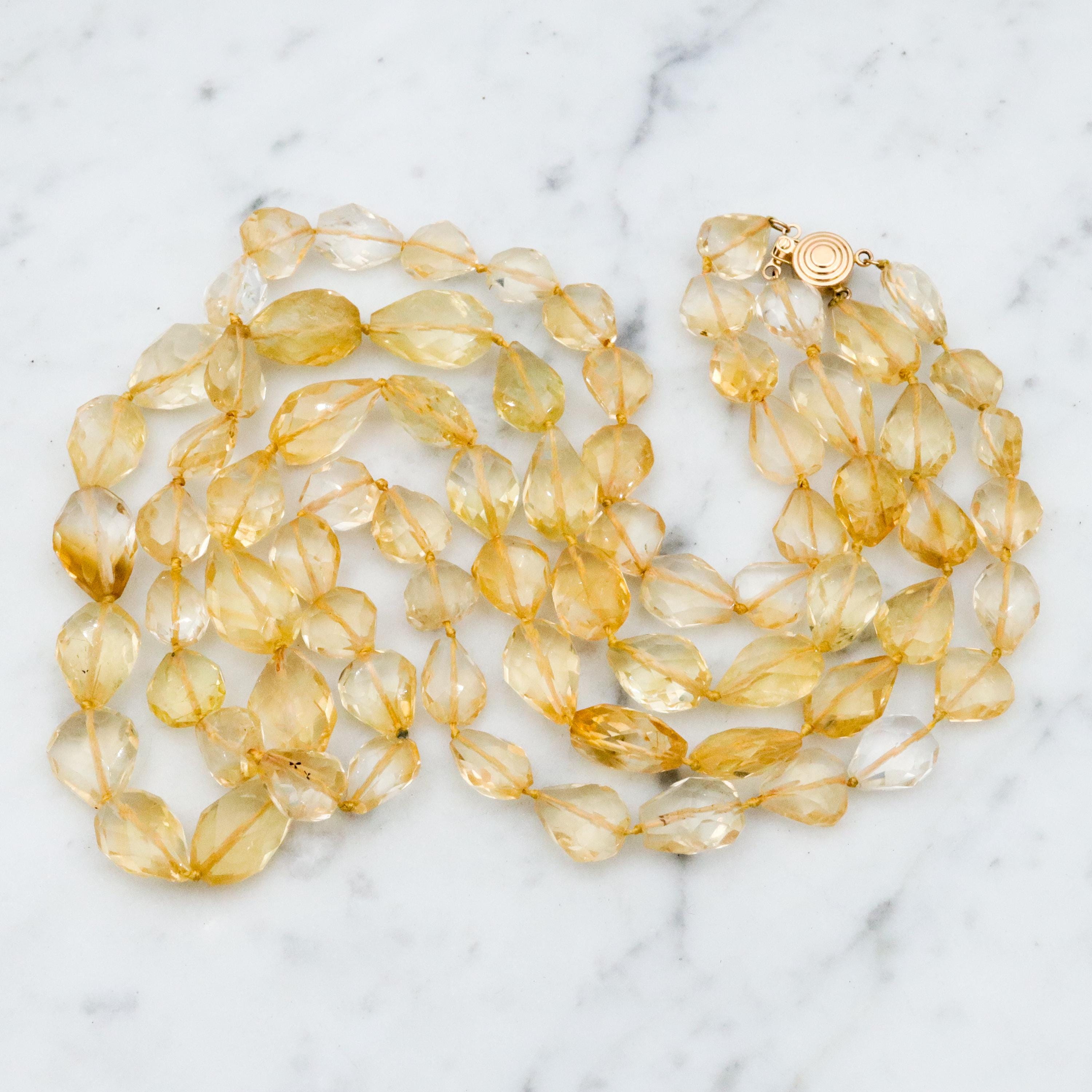Retro double strand hand cut natural citrine beaded necklace with 14k clasp
