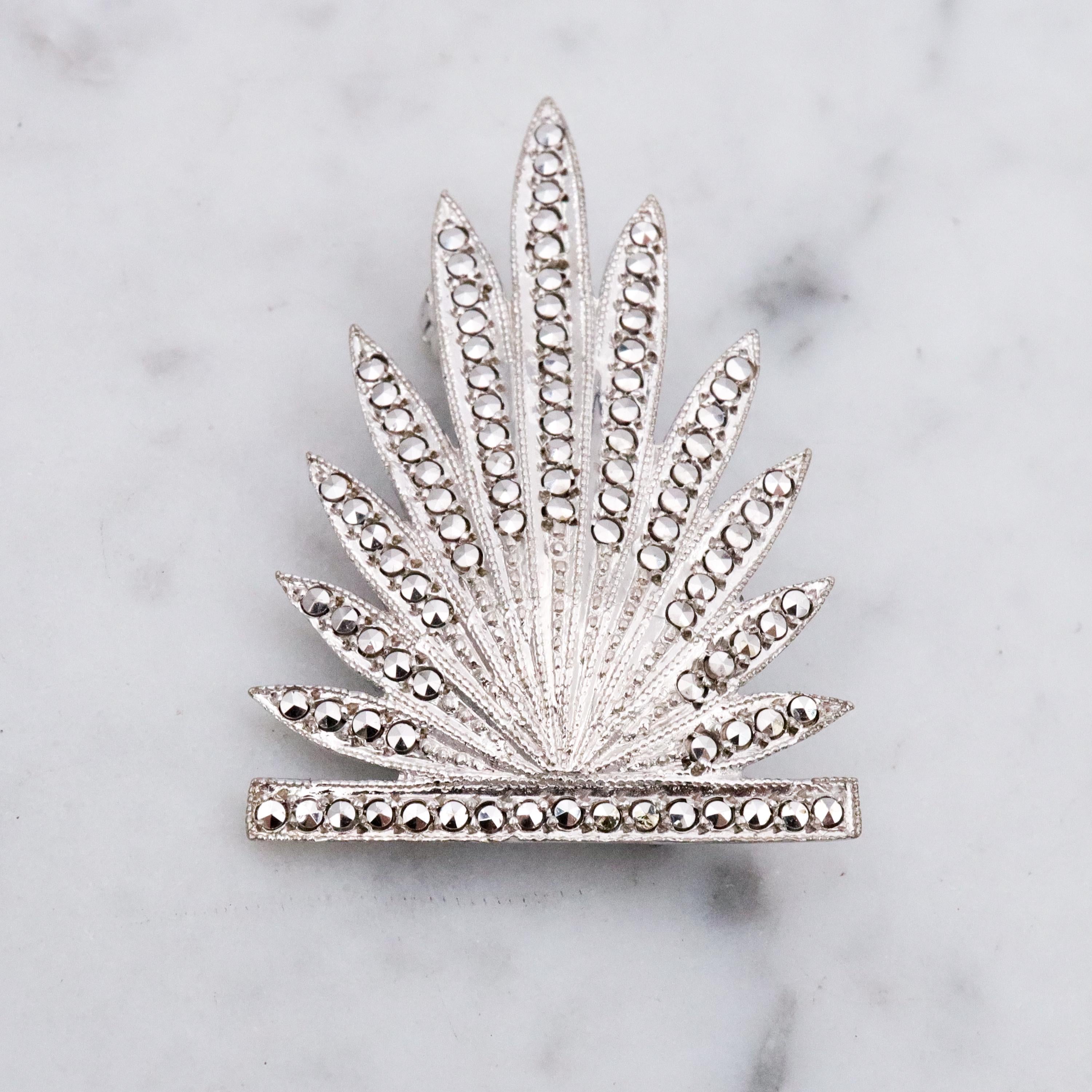 Antique Art Deco sterling marcasite leaf frond brooch
