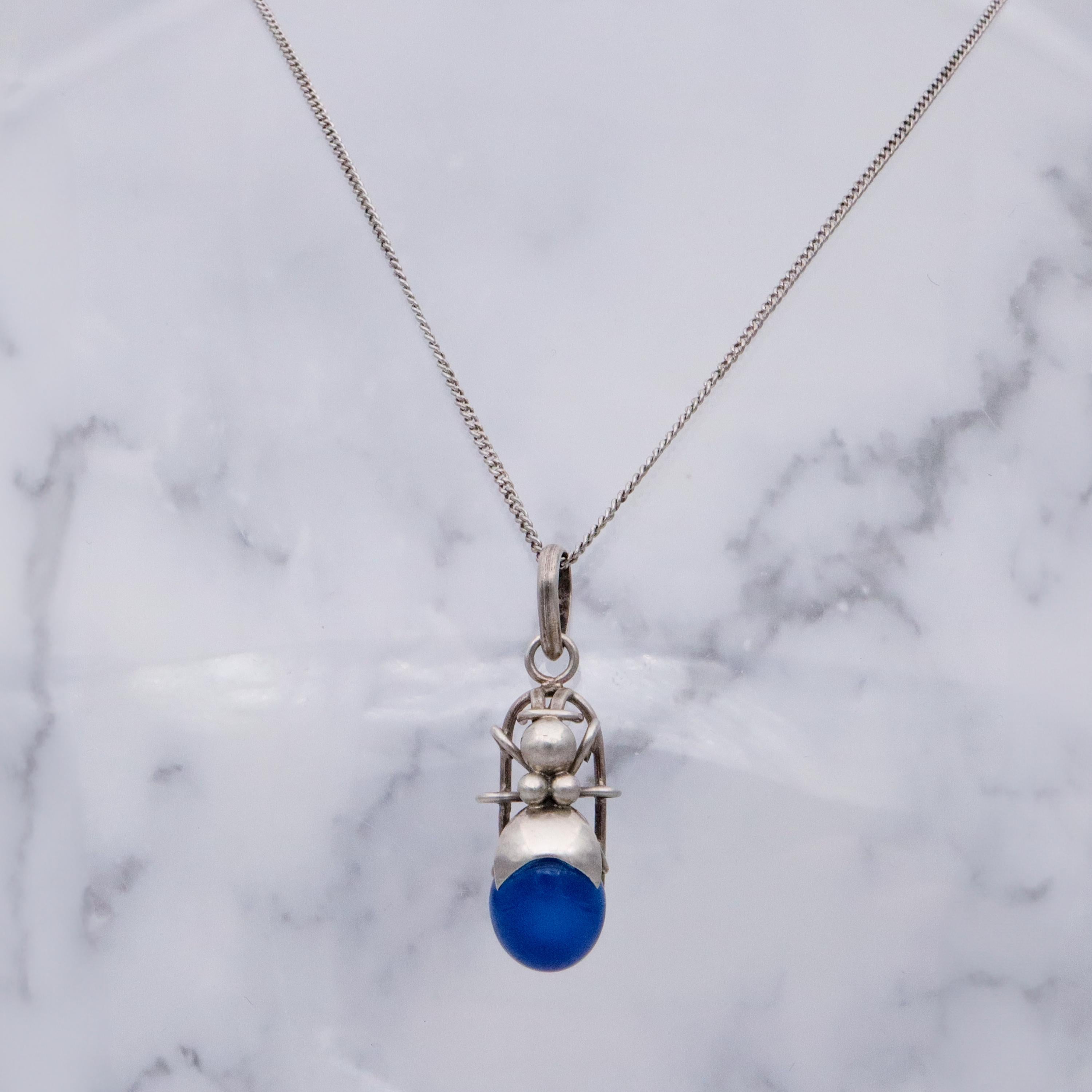 Vintage sterling blue chalcedony beetle bug pendant